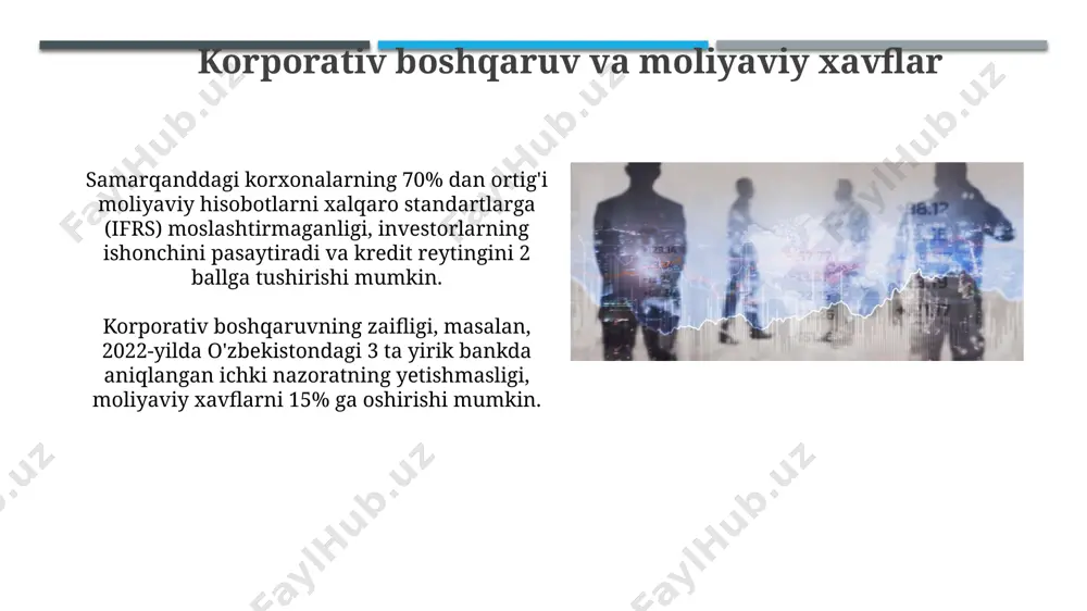 қдим этишлари, шу жумладан молиявий ҳисоботлар ва бизнес-режани тақдим этишлари керак. korporativ moliyaviy hisobot korporativ moliyaviy hisobotlar, xususan, 2022 yil yakunlari bo'yicha o'zbekiston respublikasida ro'yxatdan o'tgan 500 ta yirik korxonaning hisobotlari tahlilida, aktivlarning o'rtacha hajmi 100 milliard so'mdan oshganligi aniqlangan. xalqaro hisob standartlari (xhs) ga muvofiq tuzilgan korporativ moliyaviy hisobotlarning aniqligi va shaffofligi 2024 yil 1 yanvardan boshlab, evropa ittifoqi mamlakatlari bilan hamkorlikda, o'zbekistonda 30% ga oshirilishi rejalashtirilgan. dividendlari siyosati yaponiya kompaniyalarining aksariyati o'z dividendlarini yillik foyda nisbatining 30-40% miqdorida belgilaydi, bu esa moliyaviy barqarorlikni ta'minlashga qaratilgan. 2022-yilda aqsh kompaniyalarining 70% dan ortig'i dividendlarni to'lash siyosatini amalga oshirgan bo'lib, bu esa investorlar uchun yuqori daromad keltirdi. investitsiyalarni jalb qilish toshkent fond birjasida ro'yxatga olingan "navoiyazot" kompaniyasi 2023-yilning birinchi choragida 100 million so'mlik obligatsiyalar chiqarish orqali investorlarni jalb qildi. xalqaro moliya institutlari tomonidan o'zbekistondagi qayta tiklanuvchi energiya loyihalariga 2024-yilgacha 1 milliard aqsh dollaridan ko'p investitsiyalar kiritilishi kutilmoqda. e'tiboringiz uchun rahmat @taqdimot_robot …