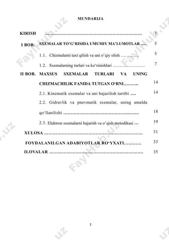 oatingizga suyanamiz” – deb o‘zbekiston respublikasi prezidenti sh. mirziyoyev yoshlarga katta ishonch bildirdi. kur ishi mavzusining dolzarbligi: hozirgi zamon mashinalari, stanoklari, apparaturalari va asboblarining ko‘pchiligida mexanikaviy, pnevmatik hamda elektr konstruksiyalar mavjud. mashinalarning ish prinsipini ularning yig‘ish chizmalariga va umumiy ko‘rinishlar chizmalariga qarab o‘rganish juda qiyin, shuning uchun ko‘pincha soddalashtirilgan maxsus tasvirlar ya’ni sxemalar bajariladi. bunday sxemalar mashinalarning ish prinsipini tezda tushunib olishga imkon beradi. hozirda muhandislik grafikasi fanlari doirasida sxemalarni chizishga kam e’tibor berilmoqda, sxemalar chizmalarini kam bajargan talaba uni o‘qiy olish ko‘nikmasiga ham ega bo‘lmay qoladi. kur ishining maqsadi: talabalarga sxemalarni tushuntirish, ular yordamida chizmalarni chizishni va uni o‘qiy olishni o‘rgatish va uning metodikasini ishlab chiqish orqali talabalarni muhandislik grafikasi fanlariga qiziqishlarini yanada oshirish. kurs ishining vazifasi: · bo‘lajak muhandislik grafikasi o‘qituvchilarining - muhandislik grafikasi bo‘yicha kasbiy tayyorgarligi tizimi mazmunining nazariy va amaliy holatini o‘rganish va tahlil qilish; · talabalarga sxemalar va ularning turlari haqida tushunchalar berish va takomillashtirish; …