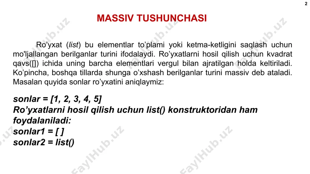 8 9 sonlar[0] = 100 print(sonlar[0]) #100 алгоритмы и программирование, язык python, 10 класс  к.ю. поляков, е.а. ерёмин, 2018 http://kpolyakov.spb.ru massiv * ro’yxatni butun songa ko’paytirish. pythonda ro’yxatni butun songa ko’paytirish amali ham kiritilgan bo’lib, odatda bunday amallar ro’yxatdagi barcha elementlarga ayni bir xil qiymatlarni yuklash uchun qo'llaniladi. masalan, 6 ta elementining barcha qiymatlari 0 ga teng bo’lgan ro’yxatni aniqlash uchun quyidagicha kod yoziladi: bundan tashqari, sonlar ketma-ketligining ro’yхatini range() funksiyasidan foydalanib hosil qilish ham mumkin bo’lib, u uchta shaklga ega: range(end) – 0 dan end gacha (end kirmaydi) bo'lgan sonlar ketma-ketligi hosil qilinadi. range(start, end) – start dan end gacha (end kirmaydi) bo'lgan sonlar ketma-ketligi hosil qilinadi. 1 2 son = [0] * 6 print(son) # [0, 0, 0, 0, 0, 0] алгоритмы и программирование, язык python, 10 класс  к.ю. поляков, е.а. ерёмин, 2018 http://kpolyakov.spb.ru massiv * range(start, end, step) – start dan end gacha (end kirmaydi) …