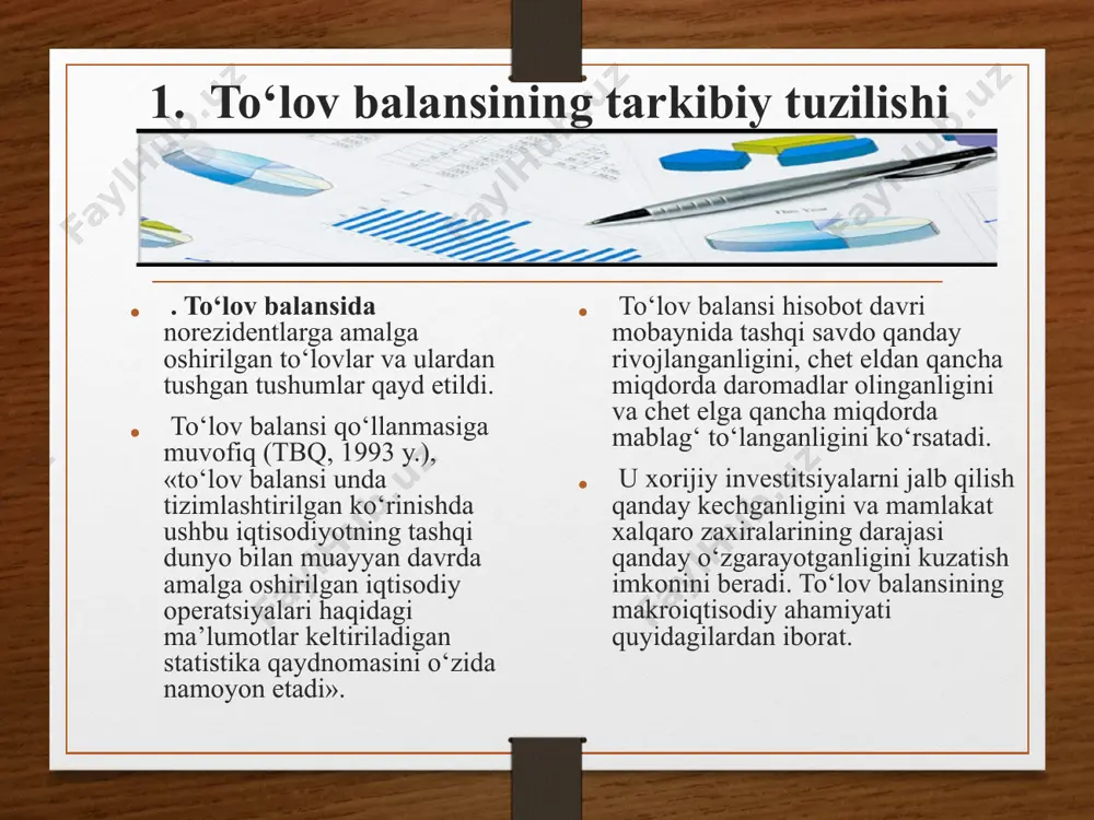 yo’naltirilishi mumkin bo’lgan ortiqcha xorijiy valyuta yuzaga keladi. investitsiyalash va kreditlash bilan bog’liq operatsiyalar to’lov balansining keyingi bo’limida, ya’ni, kapitallar harakati hisobida aks ettiriladi. to’lov balansi qoldig’i= joriy operatsiyalar + kapital harakati balansi biroq, amalda to’lov balansining bu qismida ham ko’pincha kamomad yoki ortiqchalik yuzaga keladi. barcha mamlakatlarning markaziy banklari rasmiy zaxiralar deb ataluvchi xorijiy valyuta zaxiralariga ega bo’lib, bu zaxiralar joriy operatsiyalar bo’yicha balans va kapital harakati bo’yicha balans nomutanosibligini bartaraf etishda qo’llaniladi. bizning misolda bu nomutanosiblik yoki qoldiq (-24)ni tashkil etadi va rasmiy zaxiralardan tushumlar hisobiga tartibga solinadi. agarda investitsiyalar (i) milliy jamg’armalardan ko’p bo’lsa (i > s), ortiqcha investitsiyalar xorijdan olinadigan qarz hisobiga moliyalashtirilishi lozim. bu qarzlar mamlakatga tovar va xizmatlarni eksport qilishga nisbatan ko’proq import qilinishini taminlaydi (m>x). ya’ni, sof eksport manfiy qoldiqqa (xn<0) ega bo’ladi. mamlakat xalqaro jarayonga qarzdor bo’lib qatnashadi. joriy operatsiyalar musbat qoldiqqa ega bo’lganda, ortiqcha mablag’lardan xorijga investitsiya qilishda yoki xorijdan ko’chmas …