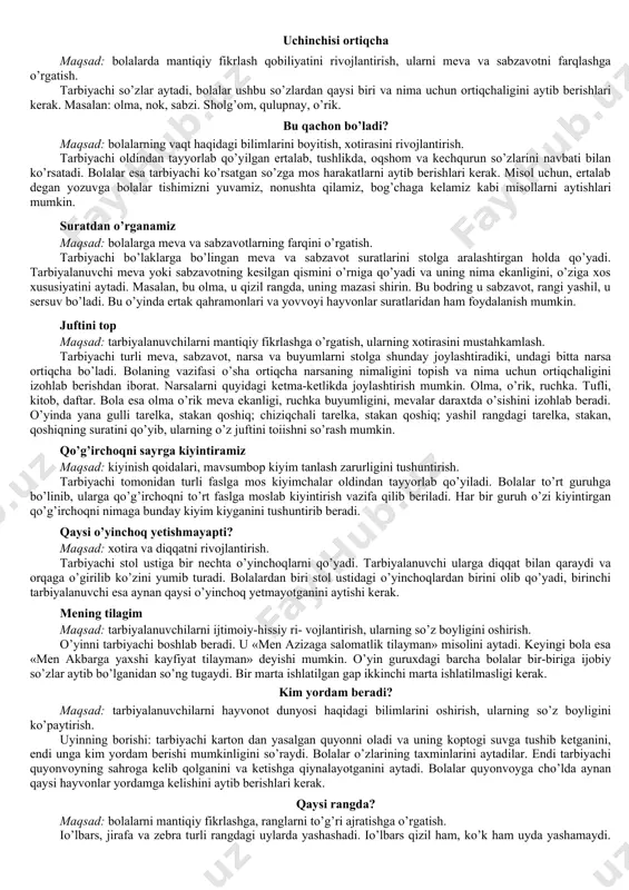 xshab yura- di, ovoz chiqaradi. bolalar esa tarbiyachi tasvirlayotgan hayvonning nomini, uning uy yoki yovvoyi hayvon ekan- ligini, u nimalar bilan oziqlanishini aytib berishla- ri kerak. tarbiyachidan keyin gurudagi ishtirokchilar navbatma- navbat xuddi shu tarzda hayvonlarning xat- ti- harakatlarini ifodalab beradilar. bo’lishi mumkinmi? massad: bolalarning dunyoqarashini kengaytirish, savol vositasida suhbat qilishga undash. tarbiyachi birorta gai o’qiydi, bolalar shu gai haqiqatan bo’lishi mumkinmi yoki yo’qligini aytib berishlari kerak. agar bo’lishi mumkin bo’lmasa, nima uchun mumkinmayeligini izohlab beradilar. tarbiyachi bu o’yin uchun quyidagi savollardan foydalanishi mumkin: daraxtdan rosa pishloq yog’ildi. o’rtog’im quyoshni qo’lida ko’tarib olibdi. yulduzni sumkamga solib oldim. momaqaldiroq hammani qo’rqitmasin deb uni tortmaga solib qo’ydim. lola gulining ichidan bitta shokolad chiqsi. otning bo’ynida atirgul o’sib turgan ekan. u bizga nimaga kerak? maqsad: bolalarning nutqi rivojlanishiga yordam berish. bolalar stol ustiga qo’yib qo’yilgan buyumlardan bittadan oladilar va uning nima uchun kerakligini tushuntirib berishlari kerak bo’ladi. masalan, men ruchkani oldim, u menga …