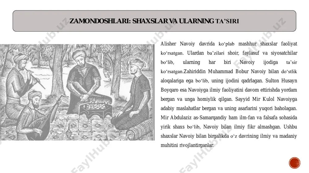nini mustahkamlashda katta yordam olgan. bu munosabatlar, shuningdek, o‘rta osiyo adabiyotining rivojlanishiga katta hissa qo‘shgan. navoiy va bobur o‘rtasidagi munosabatlar navoiy va bobur o‘rtasidagi munosabatlar do‘stona va adabiy aloqalar asosida shakllangan. zahiriddin muhammad bobur navoiy ijodini yuqori baholagan va uning asarlarini o‘ziga namunali deb bilgan. bobur, o‘zining "boburnoma" asarida navoiy va uning ijodini ulug‘lab, uning shaxsiy va adabiy taʼsirini eʼtirof etgan. bobur navoiyga chuqur hurmat bilan qaragan va ularning o‘rtasida fikr almashinuvi va o‘zaro adabiy aloqalar mavjud bo‘lgan. navoiy esa boburni, o‘zining do‘sti va ruhiy ustozlaridan biri sifatida qadrlagan. bu o‘zaro hurmat va adabiy aloqalar, ikki buyuk shoirning ijodiy rivojlanishiga va o‘z zamonasidagi adabiy muhitning shakllanishiga katta taʼsir ko‘rsatgan. navoiy va sakkokiylar sakkokiylar, navoiy ijodini qadrlagan va uning asarlarini o‘z davrining eng yaxshi adabiy namunasi deb bilgan. sakkokiylar sulolasi o‘zining hukmronligi davrida madaniyat va sanʼatga katta eʼtibor qaratgan, shuning uchun navoiy va uning asarlariga katta hurmat ko‘rsatgan. navoiyning sheʼriyati va …