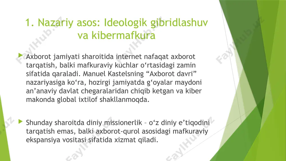 tarjimalari, kontekstdan uzilgan iqtiboslar orqali chalg‘itish. 4. ijtimoiy arxitektura va dezinformatsiya missionerlik va prozelitizm ko‘pincha ijtimoiy muhitdagi ziddiyat va bo‘shliqlardan foydalanadi: marginal qatlamlarga urinish: iqtisodiy jihatdan zaif, ijtimoiy beqaror yoshlarga alohida e’tibor qaratiladi. . kollektiv identitet inqirozi: milliy, diniy, tarixiy o‘zlik zaiflashgan aholida diniy yo‘nalishlar oson singdiriladi. yolg‘on "umid" taklifi: radikal va missioner guruhlar odamlarga adolat, najot va mukofot va’dasi orqali emotsional bog‘lanish yaratadi. 5. geosiyosiy kontekst: transmilliy missionerlik va strategik manfaatsizlik ayrim global kuchlar uchun kiber missionerlik — bu: geosiyosiy pozitsiyalarni mustahkamlash vositasi milliy davlatlar ichidagi ijtimoiy strukturalarni izdan chiqarish (balkanizatsiya) diniy pluralizm ortida mafkuraviy bosim va tajovuz misol: markaziy osiyo davlatlarida diniy internet faoliyatining 60% dan ortig‘i xorijiy serverlarda yuritiladi. ular orqali xalqlarning o‘zlik anglashiga tahdid solinadi. 6. qarshi chora va strategik yondashuv 6.1. digital immunitet shakllantirish kibermafkura tahdidlariga qarshi ma’naviy-axloqiy immunitet yaratish kerak. bu faqat taqiqlash orqali emas, balki raqobatbardosh, milliy asosga ega diniy-ma’naviy kontent yaratish orqali …