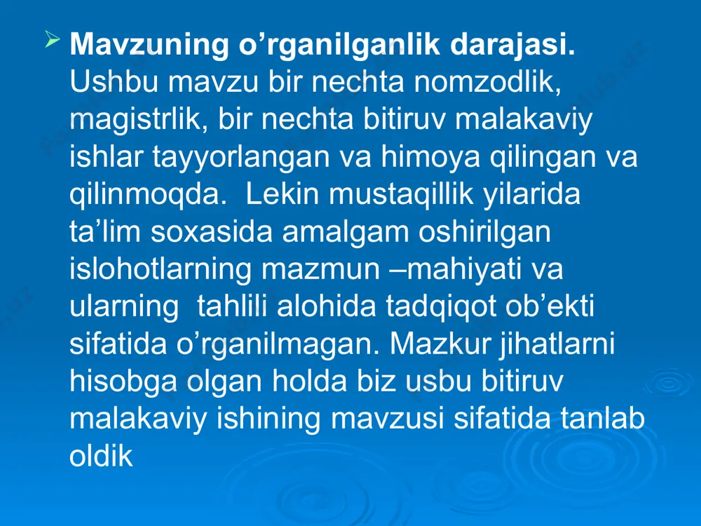 ishni, o‘z fikr va dunyoqarashiga ega bo‘lgan kadrlarni tarbiyalash zamon talabi edi. shunday ekan, ushbu jarayonda ta’lim tizimini tubdan isloh qilish, dunyoning rivojlangan davlatlari bilan ushbu sohada hamkorlikni kuchaytirish eng muhim vazifalardan biri bo‘lib turardi. shuning zero, prezidentimiz islom abdug‘anievich karimov ta’kidlaganlaridek, - "yosh respublikamiz mustaqilligiga rahna solishi mumkin bo‘lgan ichki va tashqi salbiy omillar fuqarolarning hushyor bo‘lishlari, vatanparvarlik ruhi bilan nafas olishlari, harakat, faoliyat yo‘nalish belgilari hayot – mamot masalni bo‘lib turibdi. bularning barchasi nafaqat iqtisodiy, siyosiy sohada, balki ma’naviy-ma’rifiy jabhalarda, jumladan uning tarkibiy qismi bo‘lgan ta’lim – tarbiya tizimida jiddiy islohatlar o‘tkazishni va bunda inson shaxsi, o‘z ichki salohiyotini eng ko‘p darajada namoyon eta oladigan muhitni yaratishni talab etmoqda" 1 deydi. 1 каримов и.а. баркомол авлод орзуси. - т., ўзбекистон миллий энциклопедияси. 2000 йил. 10 бет. prezidentimiz ta’lim tarbiya tizimini isloh qilayotganda bir muhim masalaga katta e’tibor berishimiz lozimligini ta’kidladi, ya’ni olimlarning fikriga ko‘ra, normal rivojlangan bolalarni 6 …