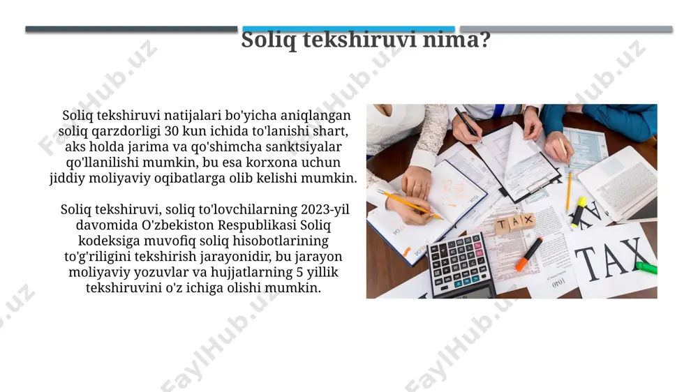 sosiy aktiv) ga teng bo'lishi mumkin, bu esa ayrim korxonalar uchun 500 mln so'mdan ortiq zarar keltirishi mumkin. soliq kodeksining 25-moddasiga asosan, tekshiruv jarayoni 30 kundan oshmasligi kerak, ammo murakkab holatlarda farg'ona viloyati bo'yicha 60 kungacha uzaytirilishi mumkin. tekshiruvdan o'tish tekshiruvdan so'ng aniqlangan kamchiliklarni bartaraf etish uchun 7 kun muddat beriladi va jarima miqdori aniqlangan qonun buzilishlar soniga va miqdoriga qarab 500 ming so'mdan 10 million so'mgacha o'zgaradi. korxonalar uchun soliq tekshiruvi o'rtacha 30 kun davom etadi va 5 dan ortiq hujjatlarni tekshirishni o'z ichiga oladi, natijalar esa hisobotda 10 kun ichida ko'rsatiladi. soliq qonunchiligi o'zbekiston respublikasining soliq qonunchiligi, 100 million so'mdan ortiq daromad olgan yuridik shaxslar uchun majburiy auditni nazarda tutadi. 2023-yilgi soliq kodeksiga ko'ra, toshkent shahrida joylashgan korxonalar uchun soliq deklaratsiyasi topshirish muddati 15-martdan kechiktirilmasligi kerak. oldini olish choralari самарқанд вилоятидаги кичик бизнес субъектларининг 30%и солиқ аудитидан ўтганидан сўнг, ҳисобот беришдаги камчиликлари туфайли ўртача 5 млн сўм миқдорида …
