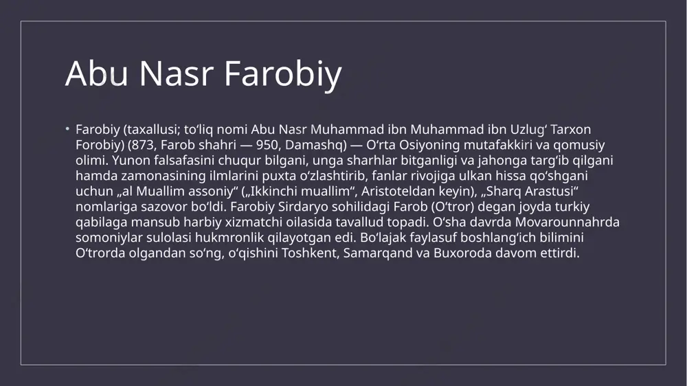 hunarmandchilik, irrigatsiya inshootlarining yuksalishi, yangi shaharlarning bunyod etilishi, madaniy va maʼnaviy hayotning ravnaq topishi bilan ajralib turadi. ix-x asrlarda ichki va tashqi savdo kuchaydi, ayniqsa, hindiston, xitoy, vizantiya, afrika mamlakatlari bilan aloqa yoʻlga qoʻyildi. bu davr qarama-qarshilik va adovatlardan xoli emas edi. farobiyning falsafiy qarashlarida oʻsha davrning yutuq va kamchiliklari, murakkab va ziddiyatli jihatlari oʻz ifodasini topdi. olimning ilmfan oldidagi xizmatlaridan biri uning yunon mutafakkirlari asarlarini sharxlaganligi va ularni yangi gʻoyalar bilan boyitganligidir. alloma, eng avvalo, arastu asarlariga sharhlar bitgan, uning naturfalsafiy gʻoyalarining targʻibotchisi va davomchisi sifatida tanilgan. farobiy, shuningdek, aflotun, aleksandr afrodiziyskiy, yevklid, ptolemey, porfiriy asarlariga ham sharh yozganligi maʼlum. bulardan tashqari, gippokrat, epikur, anaksagor, diogen, xrisipp, aristipp, suqrot, zenon asarlaridan xabardor boʻlgan hamda epikurchilar, stoiklar, pifagorchilar, kiniklar maktablarini yaxshi bilgan. farobiy oʻrta asrda mukammal hisoblangan ilmlar tasnifini yaratdi. u „ilmlarning kelib chiqishi haqida“, „ilmlarning tasnifi haqida“ nomli risolalarida oʻsha davrda maʼlum boʻlgan 30 ga yaqin ilm sohasining tavsifi …