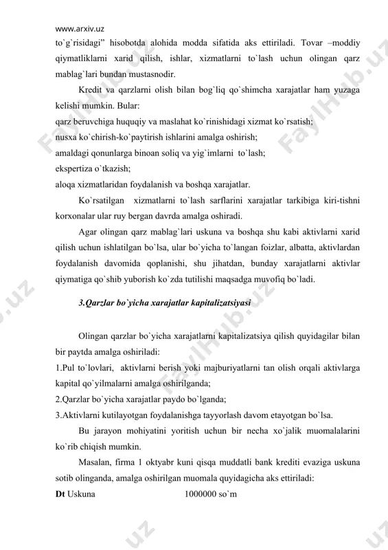 ing barchasi 75000 so`mni tashkil qilsa, kapitalizatsiya qilinadigani - bu minimalidir, ya`ni 10000 so`m. qarzlar bo`yicha sarflarni kapitalizatsiyalashtirish ob`ektni faol o`zlash-tirish jarayoni uzoq muddatga to`xtatilganda to`xtatilishi mumkin. bu holatda quyi-dagi shartlar bajarilganda kapitalizatsiyalashtirish jarayoni to`xtatilmasligi mumkin: a)hisobot davrida texnik va ma`muriy ishlarning ahamiyatli qismi bajarib bo`lginda ; b) vaqtincha to`xtab turish aktivni yuzaga keltirishning texnlogiyasida ko`zda tutil-gan bo`lsa. qarzlar bo`yicha xarajatlar yuqorida keltirilgan ikki usulning birinchisi bo`yicha hisobga olinganda ham maxsus “foiz ko`rinishidagi xarajatlar”, “kurslardagi salbiy farqlar” hisobvaraqlarining debet tomonida va tegishli hisobvaraqlar-ning kredit tomonida aks ettiriladi. hisoblangan foizlar yoki majburiyatlar “hisoblangan foizlar” hisobvarag`ida aks ettiriladi. agar qarzlar bo`yicha xara-jatlar kapitalizatsiya qilinsa, ular avval kapital qo`yilmalar, so`ngra aktivlar-ni hisobga oluvchi hisobvaraqlarning debetida aks ettiriladi. yuqoriagi quri-lish misolidagi xarajatlarni aks ettirish uchun quyidagi yozuvdan foydalanamiz: dt bino 10000 so`m dt foiz ko`rinishidagi xarajatlar 65000 so`m kt hisoblangan foizlar 75000 so`m shunday qilib qarzlar bo`yicha xarajatlarning bir qismi aktiv tannarxiga, bir qismi …