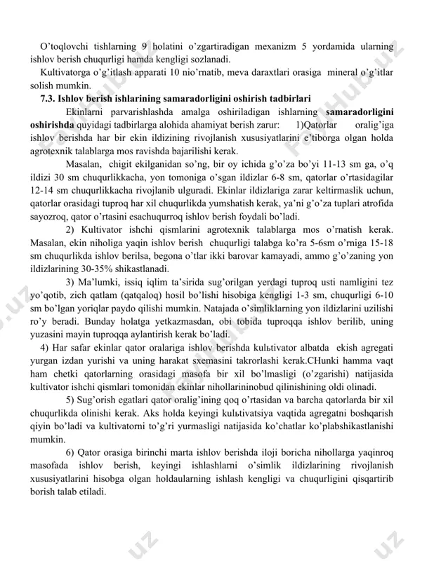 rishlashda amalga oshiriladigan ishlarning samaradorligini oshirishda quyidagi tadbirlarga alohida ahamiyat berish zarur: 1)qatorlar oralig’iga ishlov berishda har bir ekin ildizining rivojlanish xususiyatlarini e’tiborga olgan holda agrotexnik talablarga mos ravishda bajarilishi kerak. masalan, chigit ekilganidan so’ng, bir oy ichida g’o’za bo’yi 11-13 sm ga, o’q ildizi 30 sm chuqurlikkacha, yon tomoniga o’sgan ildizlar 6-8 sm, qatorlar o’rtasidagilar 12-14 sm chuqurlikkacha rivojlanib ulguradi. ekinlar ildizlariga zarar keltirmaslik uchun, qatorlar orasidagi tuproq har xil chuqurlikda yumshatish kerak, ya’ni g’o’za tuplari atrofida sayozroq, qator o’rtasini esachuqurroq ishlov berish foydali bo’ladi. 2) kultivator ishchi qismlarini agrotexnik talablarga mos o’rnatish kerak. masalan, ekin niholiga yaqin ishlov berish chuqurligi talabga ko’ra 5-6sm o’rniga 15-18 sm chuqurlikda ishlov berilsa, begona o’tlar ikki barovar kamayadi, ammo g’o’zaning yon ildizlarining 30-35% shikastlanadi. 3) ma’lumki, issiq iqlim ta’sirida sug’orilgan yerdagi tuproq usti namligini tez yo’qotib, zich qatlam (qatqaloq) hosil bo’lishi hisobiga kengligi 1-3 sm, chuqurligi 6-10 sm bo’lgan yoriqlar paydo qilishi …