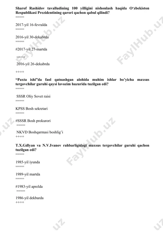 to’g’risida deklaratsiya qabul qilinadi ==== rsfsrning davlat suvereniteti to’g’risida deklaratsiya qabul qilinadi ++++ qachon sovet ittifoqida davlat to‘ntarishi sodir etildi? ==== # 1991-yil 19-21-avgust ==== 1990-yil 19-21-avgust ==== 1991-yil 18-19-avgust ==== 1990-yil 20-21-avgust ++++ o‘zssr mustaqillik deklaratsiyasi qachon qabul qilingan? ==== 1990-yil 18-iyun ==== # 1990-yil 20-iyun ==== 1991-yil 20-iyun ==== 1991-yil 19-iyun ++++ o‘zbekistonning birinchi prezidenti islom karimov quyidagi qaysi sessiyada nutq so‘zlab, sobiq ittifoqda so‘nggi paytlarda yuz bergan ijtimoiy-siyosiy voqealar oqibatlarini tahlil qilib, ular o‘zbekiston taqdiriga bevosita daxldor ekanligini asoslab berdi? ==== #1991-yil 31-avgustdagi o‘zbekiston ssr oliy kengashi vi sessiyasida ==== 1990-yil 20-iyundagi o‘zbekiston ssr oliy kengashining ii sessiyasida ==== 1991-yil 15-fevraldagi o‘zbekiston ssr oliy kengashi iv sessiyasida ==== 1991-yil 21-avgustdagi o‘zbekiston ssr oliy kengashining v sessiyasida ++++ quyidagi qaysi hujjatda “o‘zbekistonning kelajagi uchun tarixiy mas’uliyatni chuqur his etgan holda, xalqaro huquq qoidalariga, umumbashariy qadriyatlarga va demokratiya prinsiplariga asoslanib, o‘zbekiston ssrning davlat mustaqilligini e’lon qiladi” degan satrlar mavjud? …