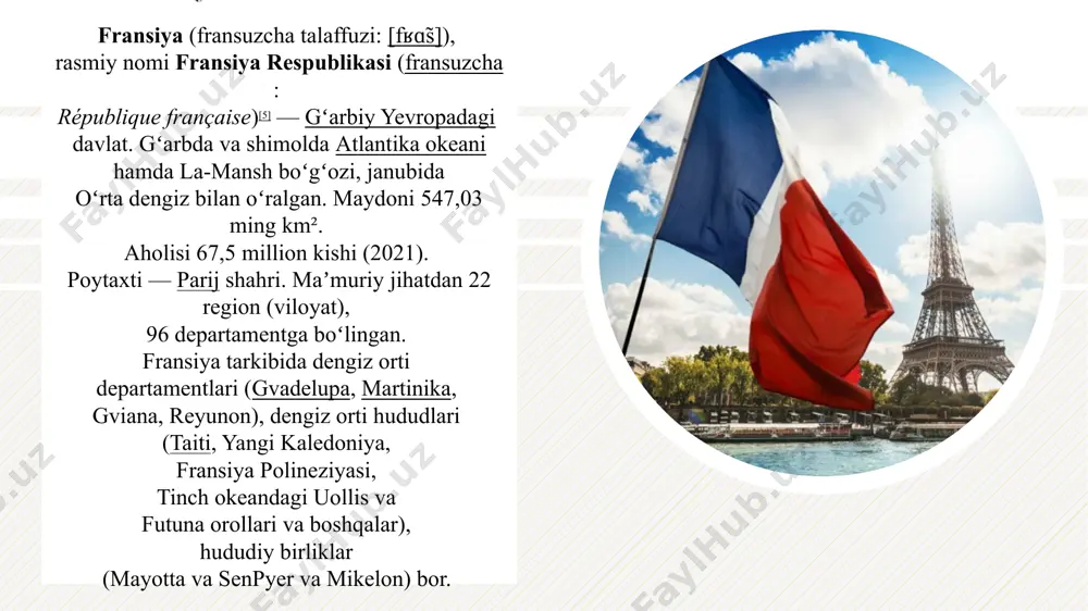 mir, temir rudasi, uran, tabiiy gaz, volfram va surma, talk xomashyosi, qoʻrgʻoshin, oltingugurt va rux bor. neft va gaz juda kam miqdorda. место для логотипа 7 aholisi aholisining 90 % dan koʻproga fransuzlar; shuningdek, elzas va lotaring, katalon, breton, flamand va basklar ham yashaydi. 3,5 mln. muhojir (jazoir, portugal, italyan, ispan, arman va boshqalar) bor. 4 mln. musulmon istiqomat qiladi. rasmiy tili — fransuz tili. bundan tashqari, bir qancha mahalliy shevalar ham mavjud. shahar aholisi 73 %. aholining 80 % xristian (katolik), 5 % ga yaqini musulmon, 2 % protestant, 1 % yahudiy. yirik shaharlari: parij, marsel, lion, tuluza, nitssa, nant, strasburg, bordo, monpelye, lill. место для логотипа 8 8 tashqi savdosi fransiya chetga elektron va maxsus mashina, uskunalar, samolyot, temir va poʻlat, ofis mashinalari, don mahsulotlarini qayta ishlash vositalari, alkogolli ichimliklar, gazlama, pishloq, goʻsht, sut, kiyimkechak, poyabzal, upaelik va hokazolarni chiqaradi. chetdan yonilgʻi, sanoat xom ashyolari, transport jihozlari, mashinalar, …