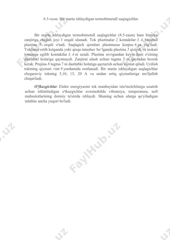 ydi. bu holda kontoktlar tutash bo'ladi. zanjirdagi tok chega- raviy qiymatdan oshganda bimetall plastina qizib deformatsiyalanadi va kontaklarni uzadi. kontaktlar uzilgandan keyin bimetall plastinadan tok o'tmaydi va u soviydi. natijada kontaktlar yana tutashadi. kontaktlarni uzilib-tutashish jarayoni zanjirdagi tokning oshib ketishi sababi bartaraf qilinmagunicha uzluksiz davom etadi. 8.5-rasm. bir marta ishlaydigan termobimetall saqiagichlar. bir marta ishlaydigan termobimetall saqlagichlar (8.5-rasm) ham himoya zanjiriga chiqish joyi i orqali ulanadi. tok plastinalar 2, kontaktlar 3, 4, bimetall plastina 5 orqali o'tadi. saqlagich qismlari plastmassa korpus 6 ga yig'iladi. yuklama ortib ketganda yoki qisqa tutashuv bo’lganda plastina 5 qiziydi va teskari tomonga egilib kontaktlar 3, 4 ni uzadi. plastina sovigandan keyin ham o'zining dastlabkl holariga qaytmaydi. zanjirni ulash uchun tugma 7 ni qaytadan bosish kerak. prujina 8 tugma 7 ni dastlabki holatiga qaytarish uchun xizmat qiladi. uzilish tokining qiymati vint 9 yordamida rostlanadi. bir marta ishlaydigan saqlagichlar chegaraviy tokning 5,10, 15, 20 a va undan …