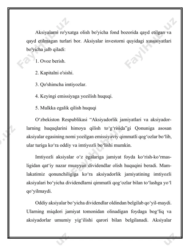 atlari borasidagi taxminlardan kelib chiqiladi. eng oddiy taxmin investitsiya butun muddati davomida dividendlar miqdorining oʻzgarmay qolishi hisoblanadi, yaʻni: div0 = div1 =...=divn= div= const. shunda aksiya qiymatini baholash formulasi quyidagi koʻrinishga keladi: n→∞ sababli kvadrat qavs ichidagi miqdor r ga intiladi va baholash modeli soddalashadi: gordon modeli aksiyalarni baholashda oddiy yondashuv boʻlsa ham, uning qoʻllanilishi boʻyicha qator cheklovlar mavjud. bunda birinchi cheklov uzoq muddat davomida (mohiyatiga koʻra muddatsiz ravishda) dividendlarning bir xil surʻatda oʻsishi haqidagi faraz bilan bogʻliq. korxonaning koʻrsatkichlari, xususan foyda miqdorining bir xil surʻatda oʻsishi aniq emas va amaliyotda koʻpchilik korxonalarda bunday farazlar oʻz isbotini topmaydi. ikkinchi cheklov barqaror oʻsish surʻatini belgilashda kuzatiladi. umumiy holda barqaror oʻsish surʻatlarini belgilashda oʻrtacha tarmoq koʻrsatkichi bilan muvofiq-lashtirish yoki farqli jihatlarni asoslash talab etiladi. umuman gordon modelini barqaror moliyaviy siyosatga va tarmoq boʻyicha oʻrtacha oʻsish surʻatlariga yaqin oʻsishga erisha-yotgan aksiyadorlik jamiyatlariga nisbatan qoʻllash maqsadga muvofiq. dividendlarni diskontlashning eng umumiy va reallikka yaqin …