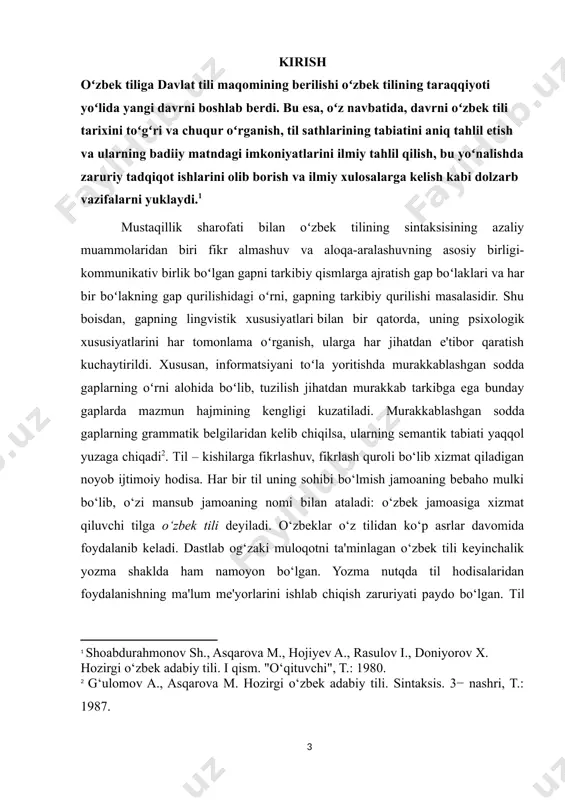 ‘stirish, bilish faolligini oshirishdir. bularni amalga oshirish uchun o‘quvchilarni til hodisalari haqida o‘ylashga, fikrlashga, mulohaza qilishga muhokama yuritishga, xulosa chiqarishga o‘rgatadigan samarali metod va usullardan foydalanish talab etiladi. yangi mavzuni tushuntirishda til materialini kuzatish, tahlil qilish, uning muhim belgilarini aniqlash, taqqoslash, guruhlash va umumlashtirish usullaridan foydalanildi[footnoteref:4]. [4: ne'matov h., bozorov o. til va nutq. "o‘qituvchi", t.: 1993. ] kurs ishining dolzarbligi: o‘zbek tilining sintaktik qurilishida kesim va uning o‘zbek tilshunosligidagi tadqiqilarni o‘rganish masalasi atroflicha ishlanishni talab qiluvchi, nazariy va amaliy qimmati katta bo‘lgan dolzarb masalalaridandir. kurs ishining maqsadi: ushbu kurs ishini yozishda kesim va uning o‘zbek tilshunosligidagi tadqiqi o‘rgatish asosiy maqsad qilib belgilandi. kurs ishining vazifalari: kurs ishining mavzusidan kelib chiqqan holda kesim va uning o‘zbek tilshunosligidagi ahamiyatini tadqiq etish, ishlatilishini rejalar asosida batafsil o‘rganish. kurs ishining amaliy tuzilishi: ushbu kurs ishi kirish, 2 bob, xulosa , foydalanilgan adabiyotlardan iborat bo‘lib, 32 betni tashkil etadi. i bob. kesim va uning …