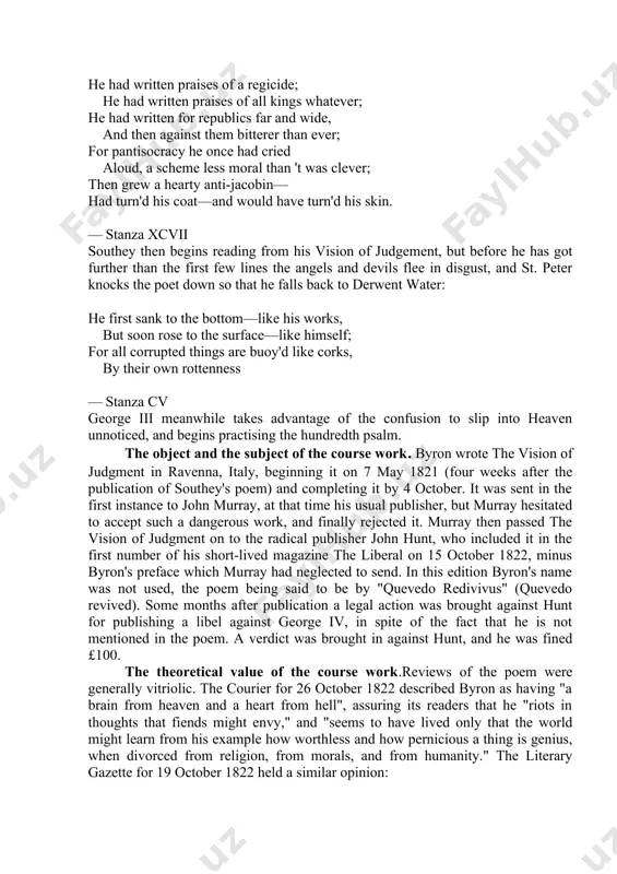 rthless and how pernicious a thing is genius, when divorced from religion, from morals, and from humanity." the literary gazette for 19 october 1822 held a similar opinion: the vision of judgment is a satirical poem if we do not express our abhorrence of such heartless and beastly ribaldry, it is because we know no language strong enough to declare the disgust and contempt which it inspires...we deliver the judgment of britain when we assert, that these passages are so revolting to every good feeling, there is not a gentleman in the country who will not hold their author in contempt as unworthy of the character of a gentleman. when george iii died in january 1820 he had long been out of the public eye; while “farmer george” was a sympathetic figure to most britons there was nothing like the outpouring of universal grief occasioned by the death of princess …