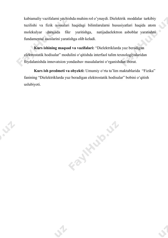 tushuntirib bera oldi. xususan dielektriklarda valent zonalar to’la to’ldirilgan bo’lib, ularning yuqorisidagi bo’sh zona to’ldirilgan zonadan ancha yuqorida joylashgan, to’la to’ldirilgan zona elektronlari elektr o’tkazuvchanlikda qatnasha olmaydi, ularning bo’sh zonaga o’tib olib, o’tkazuvchanlikda qatnasha olishi uchun yengib o’tilishi zarur bo’lgan energetik to’siq (taqiqlangan zona kengligi) ancha katta, bunday o’tish imkoniyati, odatda juda kichik, shuning uchun dielektriklar elektr tokini deyarli o’tkazmaydi. ularda elektr maydon elektronlar zichligini qayta taqsimlaydi (atom va molekulalar ichida elektronlarni siljitadi) - qutblanish hodisasini yuzaga keltiradi. zonalar nazariyasiga asosan, dielektriklar bilan yarimo’tkazgichlar orasidagi farq yuqorigi to’ldirilgan zona bilan bo’sh zona orasidagi taqiqlangan zona kengligining har xil bo’lishligidan iborat. yarimo’tkazgichlarda eg 3ev deb shartli xisoblanadi. dielektriklarda zaryadlarning erkin ko’chishi mumkin bo’lmaganligi tufayli uning ichkarisiga yetarlicha kuchli tashqi elektr maydonlar kira oladi. bunda kristall panjarasining davriy elektr maydoniga qo’shimcha (tashqi) maydon ko’shilganda uchta muhim holat dielektrikning ichki tuzilishining (elektronlar va ionlar vaziyatlarining) o’zgarishini aniqlash imkonini berishi mumkin. agar dielektrik namunasini …