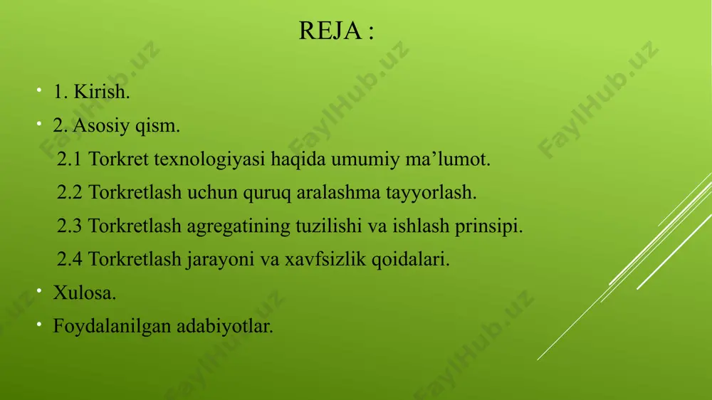 1 torkret texnologiyasi haqida umumiy ma’lumot torkret beton - bu konstruksiya yoki qolip yuzasiga (xorijiy amaliyotda uni «zarba beton» deb ataladi) siqilgan havo oqimi yordamida yotqizilgan bir yoki bir necha qatlamli sement-qum ohak (zarbali beton) yoki beton aralashmasi. aralashmaning zarralari tomonidan ishlab chiqilgan yuqori kinetik energiya tufayli sirtga qo'llaniladigan eritma (beton) mustahkamlik, suvga chidamlilik, sovuqqa chidamlilik, qo'llaniladigan sirtlarga yopishish jihatidan yuqori xususiyatlarga ega bo'ladi. torkret betonning tarkibi sement va qumni o'z ichiga oladi; sement va qumga qo'shimcha ravishda 30 mm gacha yiriklikdagi to’ldiruvchi ham solinishi mumkin. 2.2 torkretlash uchun quruq aralashma tayyorlash asosiy tarkibiy qismlar: portland sement – m400 yoki m500 markali sement; qum – yuvilgan, elangan, zarrachalar o‘lchami 2.5 mm dan oshmasligi kerak; qo‘shimchalar – plastifikatorlar, tez qotuvchi modda, suvni ushlab turuvchi qo‘shimchalar (ixtiyoriy). tayyorlash bosqichlari: sement va qum toza idishda quruq holda aralashtiriladi; nisbati odatda 1 qism sement : 3–4 qism qum bo‘ladi; tayyor aralashma maxsus idishlarga solinadi …