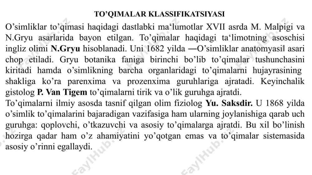 barcha soladi. umri davomida, faol ishlaydi, chunki ularda ko’p sonli initsial (ona) hujayralar bo’lib, ular cheksiz bo’linish xususiyatiga ega. aynan ana shu initsiallardan o’simlik tanasi boshlanadi. meristemaning qolgan hujayralari initsiallar hosilasidir. initsial hujayralar moxlar va ba‘zi qirqquloqlarda bitta, urug’li o’simliklarda bir nechta bo’lishi mumkin. hosil qiluvchi to’qima (meristema) kelib chiqishiga ko’ra hosil qiluvchi to’qimalar birlamchi yoki ikkilamchi, o’simlikda joylanishiga ko’ra uchki (tepa)-apikal (lot. apeks-uchki) hamda yon - lalerial (latus-yon) va interkalyar hosil qiluvchi to’qimalarga bo’linadi. uchki meristema vegetativ novda va gul novda hosil qiluvchi hamda ildiz uchi meristemalariga bo’linadi va ular ildiz bilan poyalarning uchida joylashadi. yon meristemalariga ildiz va poyalar markaziy silindrining atrofida joylashgan peritsikl prokambiy va kambiylar kiradi. birlamchi meristema urug’ murtagida, poya, ildiz va ularning uchlarida yon poyalar hamda kurtaklarda joylashib, yangi organlarning hosil bo’lishini, shuningdek o’simliklarning bo’yiga o’sishini ta‘minlaydi. hosil qiluvchi to’qima (meristema) o’simlik tanasida meristemalarni joylashuvi 1-uchki; 2-yon; 3-oraliq elodeya (elodea canadensis) novdasining uchki kurtagi: …