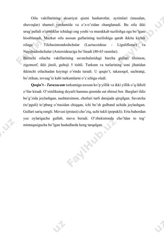 rining o’zi yoki boshqa o’t haydovchi dorilar bilan birga jigar kasalliklarida hamda o’t yo’llari va jigar hamda ich qotishi asoratlari bilan boradigan anasid gastritda qo’llaniladi. shuvoq - artemisia turkumi turlarga boy o’zbekistonda keng tarqalgan. yer yuzida uning 500 dan ortiq turlari bor. ular asosan osiyo mamlakatlari hududlarida tarqalgan. hayotiy shakliga ko’ra shuvoqlar ko’p yillik o’t, yarimbuta va ba’zan bir yillik o’tlardan tashkil topgan. barglari butun yoki turli darajada o’yilgan (qirqilgan), sertuk. savatchalari mayda, ko’pincha ro’vaksimon to’pgul hosil qilib o’rnashgan. barcha gullari naychasimon. shuvoqlar asosan shamol orqali changlanadi. mevasi kokilsiz mayda pista. shuvoqlarning ayrim turlari cho’l va adirlarda katta-katta maydonlarni-shuvoqzorlarni tashkil qiladi. turkumning ko’pchilik turlari yem-xashak, dorivor va efir moyli o’simliklar hisoblanadi. o’zbekistonda shuvoqlarning 50 dan ortiq turlari o’sadi. ermon - a. absinthium ko’p yillik, kumushsimon tuklar bilan qoplangan, balandligi 100-150 sm, o’ziga xos hidli o’simlik. barglari 3 karra patsimon qirqilgan. savatchalari ko’p, sharsimon, sariq rangli, gullari naychasimon, chetlarida urug’chi, o’rtasida …