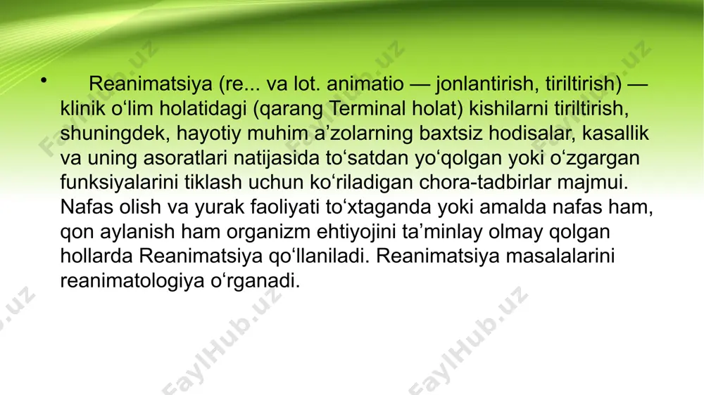 tlarda bolani chalqancha yotqizish tavsiya etiladi. kollaps ro‘y berishi ehtimoli borligidan gavdaning yuqori qismini birdaniga ko‘tarishdan ehtiyot bo‘lish va boshni yon tomonga burish kerak. qusishdan so‘ng og‘izni paxta tampon bilan artish lozim. operatsiyadan keyingi kuni gavdaning yuqori qismini 30°c li burchakka ko‘tariladi. parvarish xususiyatlari operatsiyaning tu- riga va og‘ir-yengilligiga bog‘liq. yurak, shox tomirlar, o‘pka, qizilo‘ngachdagi operatsiyalardan so‘ng bolalar reanimatsiya pa- latasida dastlabki 1—2 kun shifokorlik posti tashkil qilinadi. bemorga qo‘yilgan bog‘lamni doimo tekshirib borish zarur. og‘riqni yo‘qotish uchun barbituratlar buyuriladi, bular ayni vaqtda bolalarni tinchlantiradi va uyqusini yaxshilaydi. narkotik dori-darmonlar esa juda zarur holatlardagina qo‘llaniladi. mahalliy anesteziya orqali o‘tkazilgan operatsiyalardan keyin turiga qarab shifokor maslahati bo‘yicha oz miqdorda qoshiqlab suv yoki shirin choy ichirishga ruxsat etiladi. umumiy narkozdan so‘ng va bemor qusmayotgan bo‘lsa, 4—6 soatdan keyin suv ichirish mumkin. bemorga operatsiyadan 6—8 soat o‘tgach ovqat bera boshla­nadi. ovqatning tarkibi va miqdori bolaning yoshiga, kasallikning va operatsiyaning turiga bog‘liq. foydalanilgan adabiyotlar: …