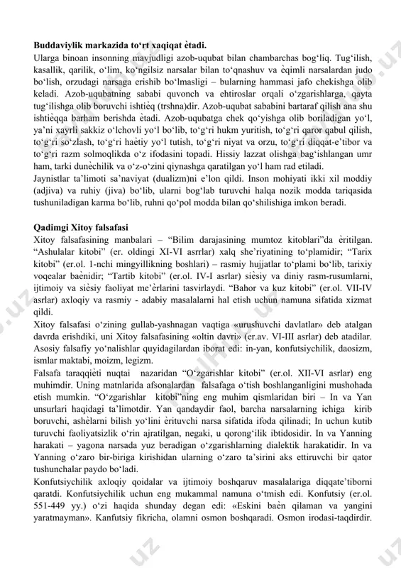 ‘lgan atom ham bor. atomlar abadiy bo‘lib, zavol topmaydilar, ular hech kim tomonidan yaratilgan emaslar. atomlarning vaqtinchalik qo‘shilishlaridan bizning his-tuyg‘ularimizga yetib kelishi mumkin bo‘lgan jonli va jonsiz ashѐlar paydo bo‘ladilar. nyaya maktabi vaysheshika bilan chambarchas bog‘langan bo‘lib, unda asosiy e’tibor mantiq va bilish nazariyasi masalalariga qaratiladi, jumladan, his-tuyg‘u ishonchli, haqiqiy bilim vositasi bo‘lib, xulosaga olib keladi. xulosa esa qiѐs vositasida chiqariladi. mimansa vedalarga qaytishni e’lon qiladi. bu ta’limotga binoan sansara yo‘lidan qutilishning yagona chorasi vedalar nimadan ta’lim bergan bo‘lsa, o‘shalarni izchil bajarishdir. vedantaning falsafiy mazmuni uning o‘z nomida ifodalangan («vedanta» aynan «vedalar xotimasi» degan ma’noni anglatadi). vedanta dunѐ barcha narsalar undan kelib chiqadigan yagona voqeylik bilan moddiy kuchlarning o‘zaro ta’sirining mahsulidir, deb biluvchi qoidani rad etadi. u braxmani tan olib, uni dunѐning mutlaq ruhiy mohiyati sifatida tushunadi. chorvaka – lokayata, buddizm va jaynizm-nastika guruhiga kiradi. chorvaka – lokayata tarafdorlari materialistik ta’limotni ilgari surganlari uchun “veda” ning muqaddasligini tan olishmaydi. ular …