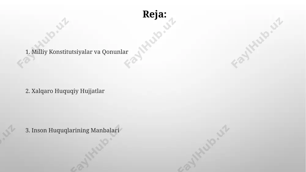 arining asosiy kafolatlarini, jumladan, 30 dan ortiq asosiy huquq va erkinliklarni belgilab beradi. o'zbekiston respublikasining konstitutsiyasi va milliy qonunlarida inson huquqlari bo'yicha 200 dan ortiq moddalar mavjud bo'lib, ularning aksariyati fuqarolarning ijtimoiy-iqtisodiy huquqlariga bag'ishlangan. xalqaro huquqiy hujjatlar 190 konventsiya va shartnomalar, shu jumladan, bolalar huquqlari to'g'risidagi konventsiya va ayollarga nisbatan zo'ravonlikning oldini olish to'g'risidagi konventsiya kabi hujjatlar, inson huquqlarining muayyan jihatlarini himoya qiladi. xalqaro huquqiy hujjatlar, jumladan, butunjahon inson huquqlari deklaratsiyasi (1948) va 1966 yildagi ikki xalqaro pakt kabi asosiy hujjatlar inson huquqlarining universal standartlarini belgilaydi. tabiiy huquq nazariyasi tabiiy huquq nazariyasi ijtimoiy shartnoma nazariyasi bilan chambarchas bog'liq bo'lib, 2 ta asosiy fikr – tabiiy huquqlar va ijtimoiy shartnoma asosida davlatning vakolatlarini cheklaydi. tabiiy huquq nazariyasi inson huquqlarining 5 ta asosiy tamoyilini, jumladan, hayot huquqi, erkinlik va mulk huquqini, tabiatdan kelib chiqqan deb hisoblaydi. ilm-fan va texnologiyaning ta'siri sun'iy intellekt va katta ma'lumotlar tahlili orqali inson huquqlari buzilishi holatlarini aniqlash …