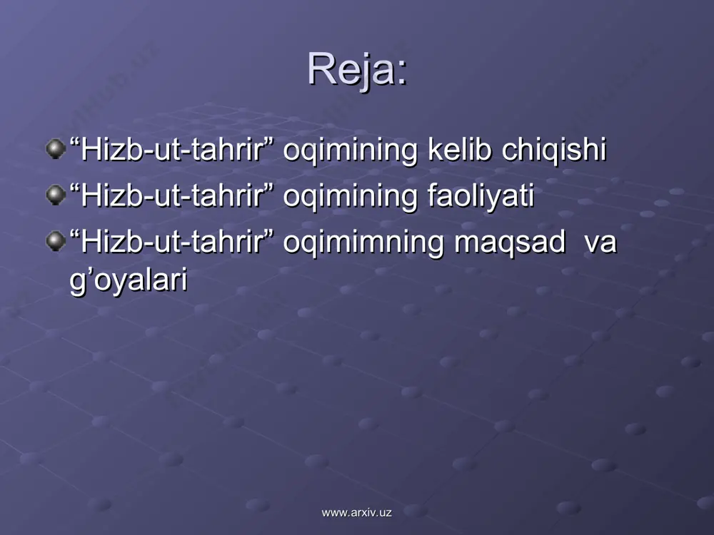 hkilotning oliy bo’g’ini - «qi’yodat» orqali mu’tamadlaming faoliyat yo’nalishini belgilab tuiadi. bunday tuzilish tashkilotning o’z faoliyatini mumkin qadar yashirin olib borish imkonini berish bilan bir qatorda butunlay fosh bo’lish ehtimolini kamaytiradi. hozirgi kunda esa tashkilot rahbarlari tomonidan ilgari surilgan «arab — isroil muammolarini hal etishning yagona vositasi — yahudiylami ommaviy qirg’in qilishdir», degan re-aktsion g’oya «hizbut- tahrir»ning haqiqiy mohiyatini belgilab beradi deyish mumkin. www.arxiv.uz www.arxiv.uz www.arxiv.uz www.arxiv.uz yaqin sharq mamlakatlari hozirgi kunda ham «hizbut-tah-rir» uchun faoliyat markazi sifatida sakdanib qolmoqda. ba’zi ma’lumotlarga ko’ra, faqat iordaniya, livan va falastin hudud-larida tashkilotning 3000—5000 a’zosi faoliyat yuritadi. tash-kilotning bayrutda chop etiladigan «al-va’y» («ong») juma-li esa hizbiy g’oyalami tarqatishga o’zining ulushini qo’shib kelmoqtsa. «hizbut-tahrii»ningfaol harakati 1970-80 yillardan buyon pokiston, indoneziya, filippin, 1990 yillar boshidan esa markaziy osiyo davlatlarida, 2003-2004 yillardan qrim yarim oroli va rossiyaning bir qator mintaqalarida kuzatilmoqda. bundan tashqari, «hizbut-tahrir» g’arbiy evropadagi bir qator mamlakatlarda o’z bo’linmalariga ega. ba’zi ma’lumotlarga ko’ra, tashkilotning …