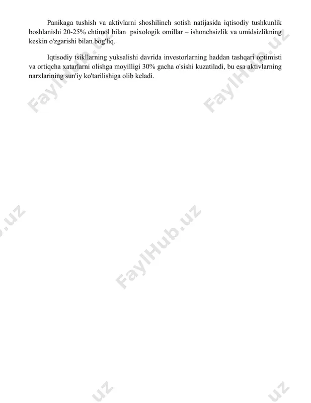 yishi bilan bog'liq bo'lgan salbiy kayfiyat iqtisodiy faollikning 10-15% ga kamayishiga va iste'molchilarning xarid qilish qobiliyatining pasayishiga olib keladi. panikaga tushish va aktivlarni shoshilinch sotish natijasida iqtisodiy tushkunlik boshlanishi 20-25% ehtimol bilan psixologik omillar – ishonchsizlik va umidsizlikning keskin o'zgarishi bilan bog'liq. iqtisodiy tsikllarning yuksalishi davrida investorlarning haddan tashqari optimisti va ortiqcha xatarlarni olishga moyilligi 30% gacha o'sishi kuzatiladi, bu esa aktivlarning narxlarining sun'iy ko'tarilishiga olib keladi. 📌xulosa иқтисодий циклларни изоҳловчи турли назариялар ўзаро боғлиқ бўлиб, ҳар бири иқтисодиётнинг мураккаб динамикасини тушунишга ўз ҳиссасини қўшади, лекин ҳеч бири ягона ҳақиқат эмас. 📚foydalanilgan adabiyotlar 1. кейнс, ж.м. ишсизлик, фоиз ва пулнинг умумий назарияси. 2. фридман, м. ва фридман, р. молиявий тарих: ақшдаги пул ва банк тарихи. 3. лукас, р. э. иқтисодий кутилмалар ва иқтисодий цикллар. 4. шидлер, р. иқтисодий цикллар: омиллар ва оқибатлар. 5