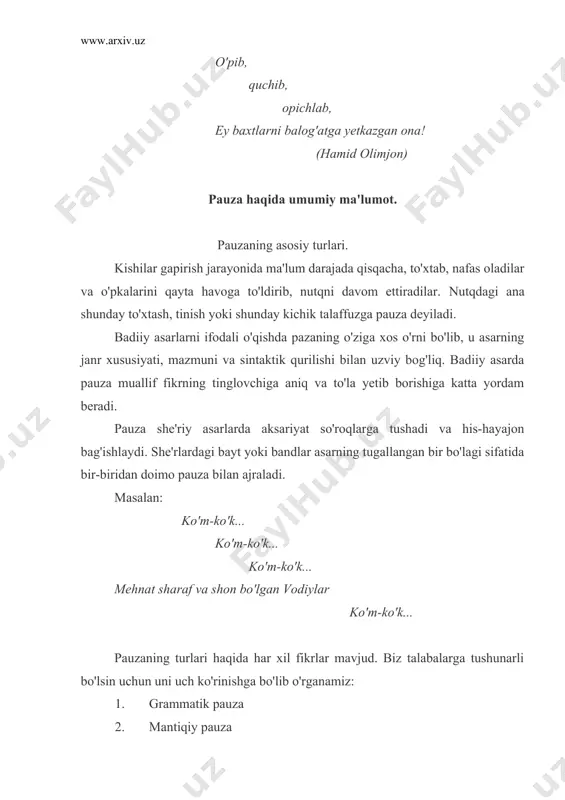 hib yotog'iga ketgali g' dargohiga yetgalig' oltin shohi etagini sudraydi. g' mantiqiy pauza ifodali o'qishning o'ziga xos eng muhim unsurlaridan biri bo'lib, u faqatgina mantiq qonuniyatiga rioya qiladi, lozim bo'lsa, tinish belgilarini ham mutlaqo inkor etadi. mantiqiy pauza gapning mazmunini tubdan o'zgartirib yuborishi mumkin. misol uchun quyidagi jumlalarni ikki xil pauza bilan o'qib, ma'no o'zgarishiga e'tibor bering: 1. yaramas g' itday o'lib ketdi yaramas itday g' o'lib ketdi. 2. aldasam g' sizni yer yutsin aldasam sizni g' yer yutsin. mantiqiy pauzaning bunday jozibador kuchidan xalq donishmandlari unumli foydalanganlar. psixologik pauza. muallifning matnida yashiringan kuchli his-hayajonini psixologik pauza orqali ifodalash mumkin. psixologik pauza o'quvchi va notiq nutqiga jonlilik kiritib, asarning ta'sirchanligini oshiradi. psixologik pauza ikki chiziqqa (g'g' ) bilan belgilanadi. badiiy asarlarning o'xshatish, sifatlash, mubolag'a, istiora va boshqa tasviriy ifoda vositalari qo'llangan o'rinlarda ham muhimdir. intonasiya haqida umumiy ma'lumot. ma'lumki, nutq tafakkur mahsulidir. kishi fikri yoki maqsadini ikkinchi bir kishiga so'zlar …