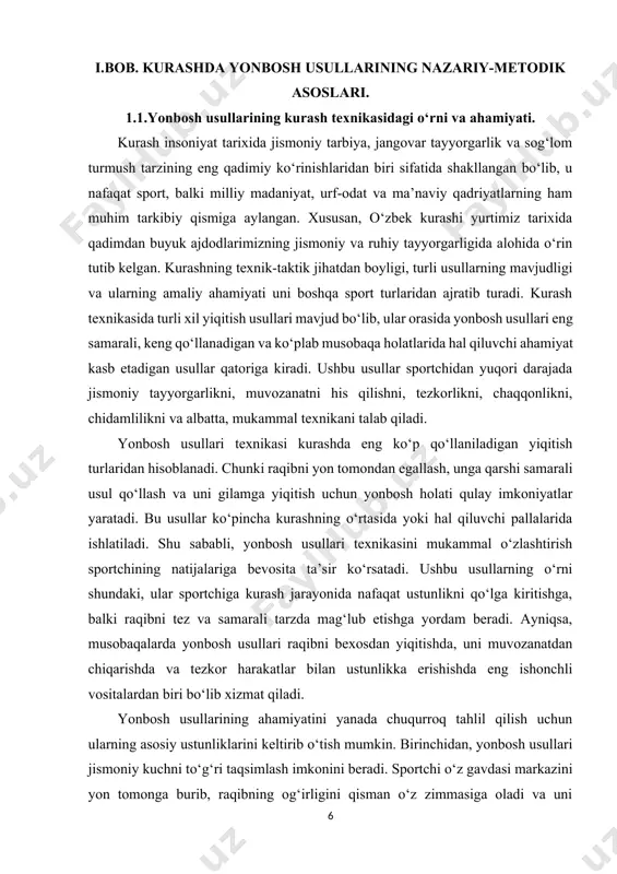 i boshqa yiqitish usullari bilan uyg‘unlashganda juda samarali natija beradi. kurashchining yonbosh usullarini mukammal o‘zlashtirishi nafaqat uning texnik tayyorgarligini, balki taktikasini ham boyitadi. chunki yonbosh usullarini qo‘llashda sportchi raqibning harakatlarini diqqat bilan kuzatadi, uning muvozanatini buzish uchun qulay vaziyatni topadi va tezkor qaror qabul qiladi. bu esa kurashchining taktik fikrlashini rivojlantiradi. masalan, raqib hujum qilayotgan paytda yon tomonga burilish va yonbosh usulini qo‘llash sportchiga himoyadan hujumga o‘tish imkonini beradi. shunday qilib, yonbosh usullari nafaqat hujumkorlikni, balki himoyaviy taktikani ham mukammal amalga oshirish imkonini yaratadi. yonbosh usullarining amaliy ahamiyati ularning mashg‘ulot jarayonida ham yaqqol namoyon bo‘ladi. yosh kurashchilarni tarbiyalash jarayonida aynan yonbosh usullarini o‘rgatish ularning texnik ko‘nikmalarini rivojlantirishda asosiy vosita sifatida qaraladi. chunki bu usullar oddiy, tushunarli va amalda tez o‘zlashtiriladi. shu bilan birga, murakkab yonbosh usullarini asta-sekinlik bilan mashq qildirish sportchilarda nafaqat texnik, balki psixologik tayyorgarlikni ham kuchaytiradi. har bir mashq jarayonida sportchi o‘zining muvozanatini saqlashni, kuchni to‘g‘ri taqsimlashni, raqibning …