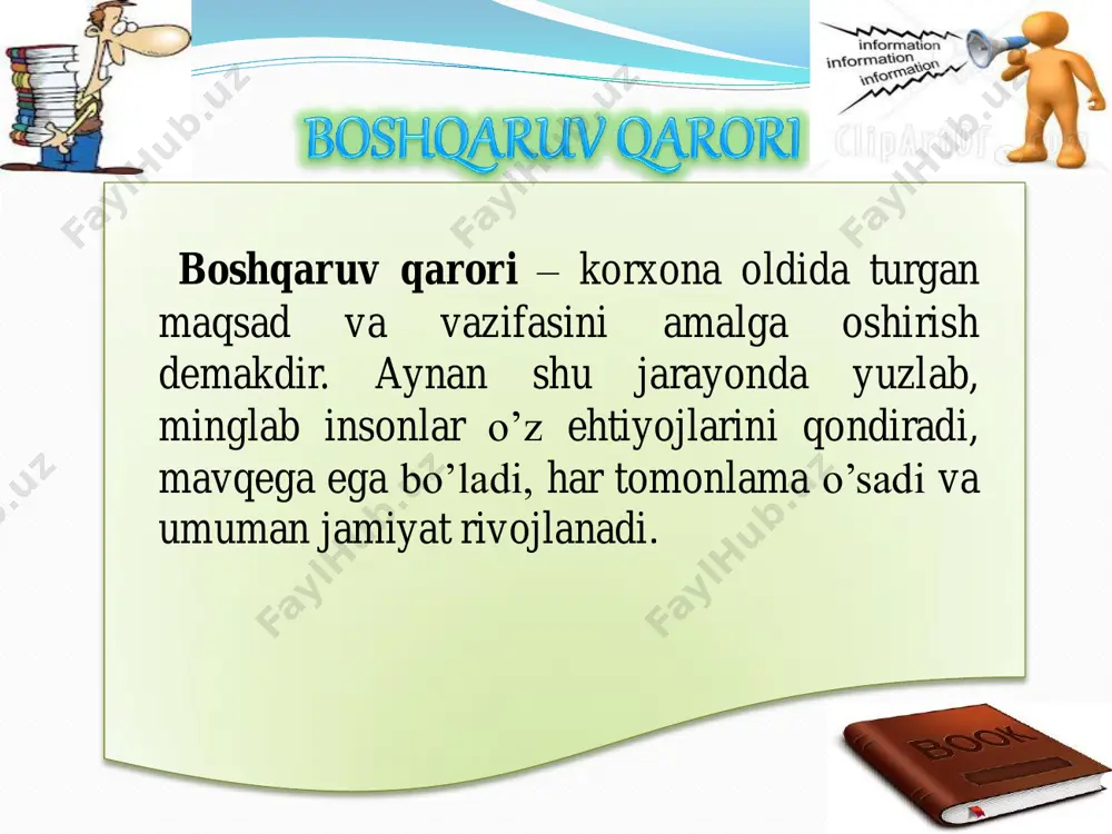 tizimini va chiziqli va funktsional bo'linmalar o'rtasida kadrlar almashinuvi tizimini shakllantiring. ishlab chiqarish va xizmat ko'rsatish faoliyatini boshqarish 1. to'liq va ishonchli buxgalteriya hisobini yuritish va kompaniya faoliyati natijalari to'g'risida ishonchli hisobot tuzish uchun statistik guruh tuzing. 2. "a" mahsulotlarini ishlab chiqarishni bitta xizmatga birlashtirish va uni xom ashyo va materiallar bilan ta'minlash. 3. dekabr oyi davomida xizmat ko'rsatishni tashkil qiling 2023г. kompaniyaning barcha xodimlari tomonidan ishlab chiqarish va boshqaruv faoliyatini takomillashtirish bo'yicha takliflar. kompaniyaning boshqaruv tizimini shakllantirish 1. kompaniyada strategik rivojlanish bo'limini yarating va uni to'g'ridan-to'g'ri prezidentiga bo'ysundiring. 2. strategik rivojlanish guruhi boshlig'iga yangi filiallar tashkil etish orqali kompaniyani kengaytirish bo'yicha takliflar ishlab chiqish. 3. ichki audit bo'limi menejerlar tomonidan boshqaruv texnologiyalarining o'rta va quyi bo'g'inlari to'g'ri ishlatilishini rejadan tashqari tekshirishni amalga oshiradi. boshqaruv bo'yicha maslahat 1. xalqaro shartnomalarga muvofiq kadrlar xizmati boshlig'i janob uch oylik stajirovkaga qabul qilinsin x. somali shahridagi t firmasining kadrlar bo'limi boshlig'i. 2. strategik …
