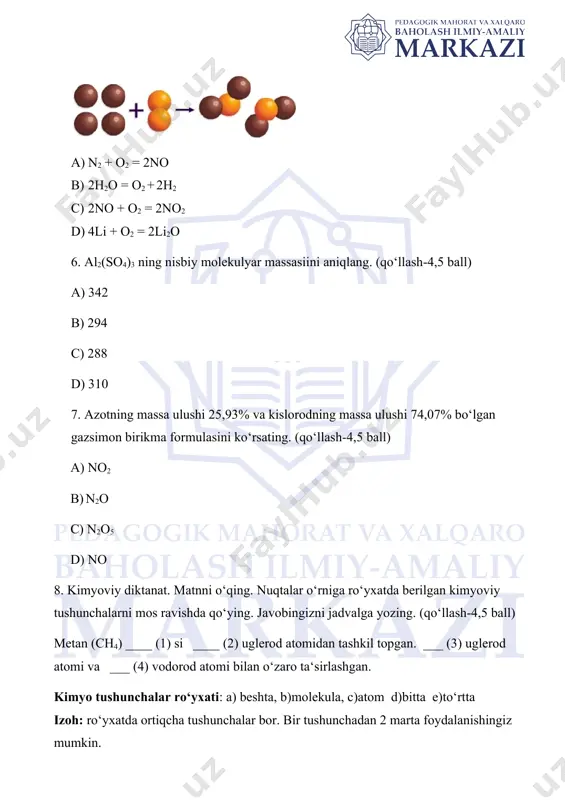odorod atomidan iborat. ii b temir molekulasida faqat temir atomlari mavjud. iii c suv (h2o) molekulasi ikkita vodorod atomi va bitta kislorod atomidan iborat. iv d ozon (o3) molekulasi uchta kislorod atomidan iborat. e metan (ch4) molekulasi bitta uglerod atomi va to‘rtta vodorod atomidan iborat. a) i-b, ii-e, iii-a, iv-c b) i-e, ii-b, iii-a, iv-c c) i-a, ii-e, iii-c, iv-b d) i-c, ii-e, iii-a, iv-b image5.png image6.png image2.png image3.png image4.png image7.png image8.png