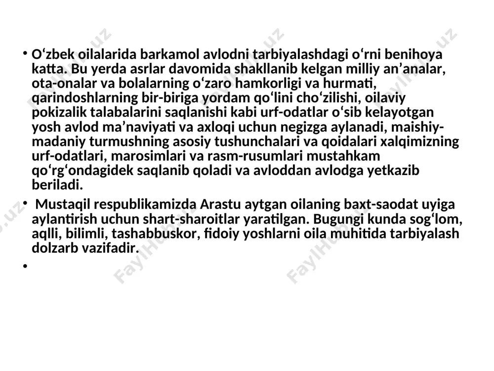 ilan doimiy band va qanday ishlar bilan shug‘ullanishini dastlab aka-singillar yoxud opa-ukalar, keyinchalik ona sezib qoladi. lekin oila tarbiyasi kabi katta mas’uliyat birinchi navbatda ota va ona zimmasiga tushadi. shu o‘rinda bir narsani alohida uqtirish kerakka, bolalar tarbiyasida asosiy ta’sirchan kuch-qudrat, bu – onadir. prezidentimiz aytganlaridek: “oilani ham, jamiyatni ham birlashtirib, unga fayzu barokat kiritadigan, xonadonlarimizni mehr-muhabbat, nafosat, ezgulik nuri bilan munavvar qiladigan zotlar ham aslida mo‘tabar onalardir”. shunday ekan, oila muhiti, qolaversa, bolalarning kelajagi, ularning ruhiy dunyosi ijtimoiy tasavvurlarining ijobiy va boy bo‘lishi ko‘p jihatdan onalarga bog‘liq. yuqoridagi fikrlarimizning isboti sifatida ayrim oilaviy kelishmovchiliklarni keltirib chiqaruvchi ota-ona bilan o‘smir bolalar munosabatlaridagi milliy xususiyatlarini sanab o‘tish mumkin. ma’lumki, o‘zbek oilasi bolajon oila bo‘lib, biz shuning uchun faqat o‘smir yoshdagi bolalarning ota va onalariga munosabatini konkret vaziyatlar bilan bog‘lash o‘rinli deb quyidagi misollarni havola qilamiz. biror ishni boshlash yoki biror yerga borishda ham ota-onaning fikri bilan kelishish, ulardan ruxsat so‘rash barcha …