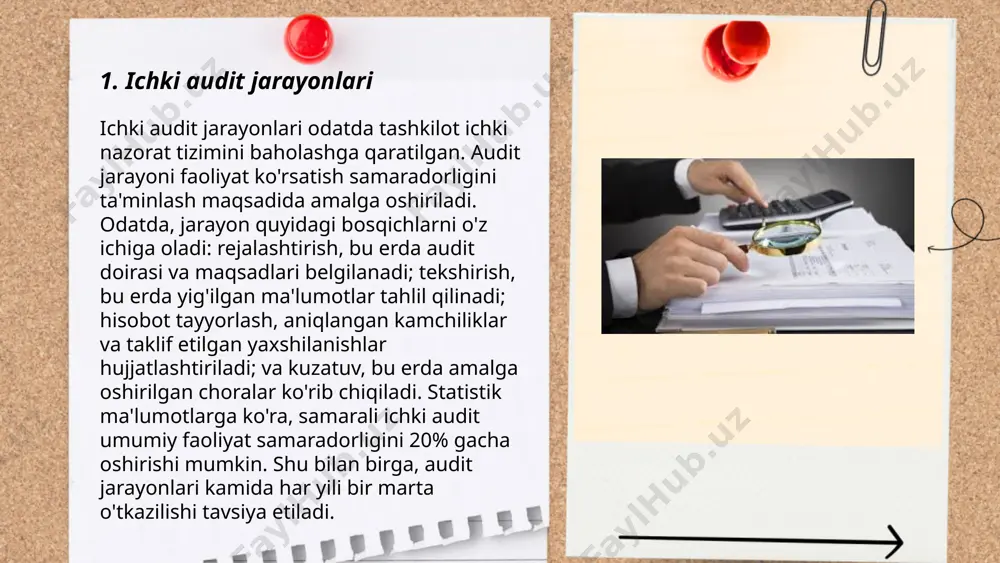 tomatlashtirilgan dasturiy vositalar aniqlikni oshirishga xizmat qiladi. ... t.me/slaydai_bot ichki nazorat tizimlari tashkilotlarda moliyaviy va operativ jarayonlar ustidan nazoratni kuchaytirish uchun yaratiladi. ushbu tizimlar xatoliklarni boshqarish, firibgarlikning oldini olish hamda moliyaviy hisobotlarning aniq va haqqoniy bo‘lishini ta’minlashga xizmat qiladi. masalan, ichki audit bo‘limlari 80% tashkilotlarda mavjud bo‘lib, ular yillik audit rejalarining 75% dan ortig‘ini bajaradi. ichki nazorat tizimlari tufayli xatarlar 50% ga kamayishi mumkin. samarali tizimlar bilan ishlab chiqilgan tashkilotlarda xatoliklarning aniqlanishi 60% ga tezlashadi. bu jarayonlar axborot texnologiyalari orqali avtomatlashtirilganda, mehnat samaradorligi 30% ga oshadi. ... t.me/slaydai_bot 7. uchinchi tomon xavflari uchinchi tomon xavflari ko'pincha kiberxavfsizlik va ma'lumotlarni himoya qilish sohalarida muhim ahamiyatga ega. 2023-yilgacha, global miqyosda uchinchi tomon orqali yo'qolgan ma'lumotlar soni 50% ga oshgan. statistik ma'lumotlarga ko'ra, kompaniyalarning 60% dan ortig'i uchinchi tomon provayderlari sababli xavfsizlikka duch keladi. ma'lumotlarga ko'ra, o'rtacha har bir bunday hujum kompaniyalarga $4,24 million atrofida zarar yetkazadi. tahlillar shuni ko'rsatadiki, tashkilotlarning 75% i …