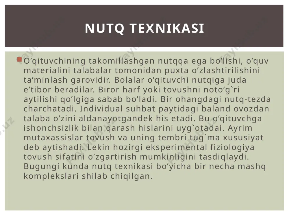 shtirok etadi. shuning uchun ham ularni mashq qildirish muhim ahamiyatga egadir. ritmika-bu ayrim so’z va bo’g`inlarning aytilish muddati va to’xtalishi, nutq va ifodalarning navbat bilan o’z o’rnida ishlatilishini bildiradi. ritm nutqning eng asosiy qismidir, chunki «nutq ohangi» va to’xtamlar ham tinglovchilarga beixtiyor o’zgacha hissiy tasir ko’rsatadi. k.s.stanislavskiy «quruq so’z» novdan tushayotgan no’xatdek yopirilib chiqadi, ma’noli so’z esa xuddi simob to’ldirilgan sharcha kabi asta-syokin shakllanadi. berilayotgan bilimlarning qiyin qismini o’qituvchi asta-sekin tushuntiradi va so’ngra yanada tezroq gapirishga o’tishi mumkin. ritmika