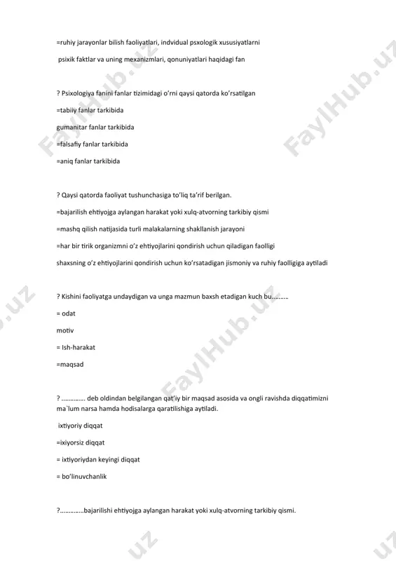 diqqatning kuchi va barqarorligi ? so’zlovchining nutqi qanday nutq hisoblanadi = faol nutq = passiv nutq monologik nutq = tashki nutq ? «ongli va ongsiz hayotning barcha aktlari o’zining yuzaga kelishi jihatidan reflekslardan iboratdir» mazkur fikr muallifi va asarning nomi qaysi qatorda to’g’ri ko’rsatilgan =i.m.sechenov «bosh miya funktsiyalari» =i.p.pavlov «bosh miya reflekslari» = i.p.pavlov «oliy nerv faoliyati qonuniyatlari» i.m.sechenov “bosh miya reflekslari” ? idrok bu ... sezgi a’zolariga bevosita ta’sir etib turgan narsa va hodisalarning obrazlarining kishi ongida bir butun holda aks ettirilishidir =shaxs tevarak-atrofidagi voqealarni aks etishi =bor narsani noto’g’ri anglash =sezgi a’zolariga ta’sir etib turgan narsa va hodisalar ayrimlarini aks etishi ?gallyutsinatsiya – bu ... =bor narsani noto’g’ri idrok qilish yo’q narsalarni idrok qilish =idrokning shaxs va uning tajribasiga bog’liqligi = yo’q narsani noto’g’ri anglash ?narsalarning sharoiti o’zgarsada obrazining o’zgarmasligi bu... = appersepsiya =gallutinatsiya =aglyutinatsiya idrok konstantaligi ? ................. shunday bir tafakkur operatsiyasidirki narsa va hodisalarning ongimizda bo’lingan, …