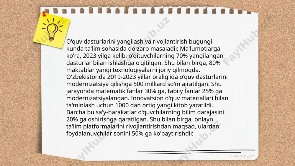 xshilash mumkinligi isbotlangan ko'plab misollar mavjud. ... t.me/slaydai_bot 10. ta'limda innovatsiyalar joriy etish ta'limda innovatsiyalar joriy etish sohasida o'zbekistonda bir qator ijobiy o'zgarishlar kuzatilmoqda. 2020-yilda o'zbekiston respublikasi ta'lim vazirligi tomonidan qariyb 2,000 ta maktabda raqamli ta'lim platformalari joriy etildi. kuchli ilmiy tadqiqotlar uchun davlat grantlari hajmi 1.5 milliard so'mga oshirildi. shuningdek, o'qituvchilarni malaka oshirish bo'yicha 100 mingdan ortiq o'qituvchi zamonaviy texnologiyalardan foydalanish bo'yicha treninglarga jalb qilindi. ta'lim jarayoniga virtual va kengaytirilgan realilik texnologiyalari kiritildi, bu esa ta'lim sifatini 25% ga oshirish imkonini berdi. 2023-yilgacha barcha maktablarning internet bilan qamrovi 95% ga yetkazildi va har bir tuman markazida innovatsion ta'lim markazlari ochildi. bu o'zgarishlar ta'lim tizimining dolzarbligini oshirishga xizmat qilmoqda. ... t.me/slaydai_bot talabalarning o'z-o'zini rivojlantirish imkoniyatlari keng va xilma-xil. hozirgi kunda internet orqali taqdim etilayotgan online kurslar, video darsliklar va veb-seminarlar soni ortib bormoqda. coursera, edx, udemy kabi platformalarda minglab bepul va pullik kurslar mavjud. ilmiy maqolalar va elektron kitoblarga kirish …