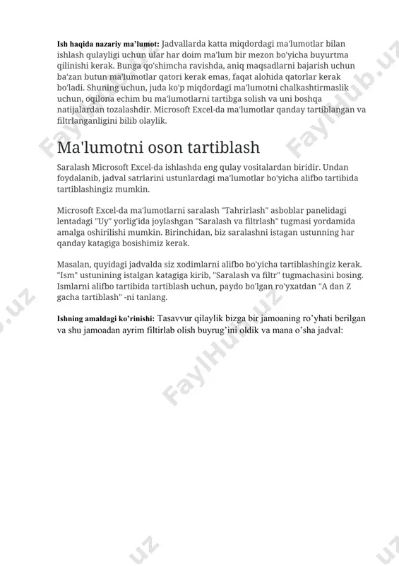 a filtirlab olaylik buning uchun biz gorizontal menyular bo’limidan сортировка и фильтр menyusini tanlaymiz va shundan so’ng mana bundek sahifa ochiladi va фильтр ni bosamiz: mana shundan so’ng bizning jadvalimiz mana bundek holatga keladi: bu yerdagi strelkachalarni sezgandirsiz bu yerdan manzil qismidagi strelkani ustiga bosamiz va shundan so’ng u yerda mana shundek soha paydo bo’ladi: agar biz bu yerda biz выделить все ni bossak barcha ptichkachalar o’chib qoladi va shundan so’ng biz bu yerdan bizga kerakli manzil bo’ylicha filtirlamoqchi bo’lsak shuning ustiga ptichkacha qo’yishimiz yetarli bo’ladi va shundan so’ng u yerda faqat shu shaharlar qoladi misol uchun buxoroni tanlaylik: mana ko’rganingizdek bu yerda manzil ustunida faqatgina biz tayinlagan buxoro shaxri saralanib qoldi. qolgan ustundagilarni ham huddi shundek qilsak bo’ladi. endi bo’lmasam ma’lumotlarni alfabit bo’yicha a dan to z gacha yoki bo’lmasam z dan to a gacha saralashimiz mumkin. buning uchun avvalambor mana bu amalni amalga oshirishimiz lozim. birinchi bo’lib yuqori …