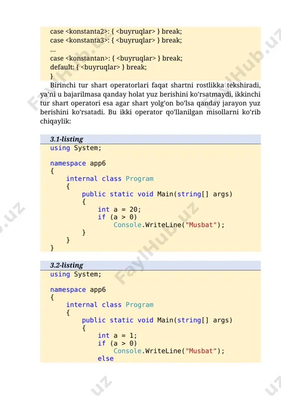 // bu operator if(i == 10) operatorining else qismidir } } } switch operatori yuqorida ikki xil shart operatorlari bilan tanishdik. bunda biz bitta shart asosida rostlikka tekshirib o’tdik. ba’zi hollarda bitta emas, bir nechta shart asosida rostlikka tekshirishga to’g’ri kelib qoladi. bu holatda switch operatoridan foydalanamiz. switch operatorining umumiy ko’rinishi quyidagicha: switch (ifoda) { case : { } break; case : { } break; case : { } break; … case : { } break; default: { } break; } bu operator quyidagicha ishlaydi: ning qiymati avval bilan solishtiriladi, agar u mos bo’lsa (teng bo’lsa), u holda mana shu qismdagi bajariladi va switch tanasidan chiqiladi, aks holda xuddi shu tartibda gacha solishtirilib chiqiladi, agar bu ro’yxatda ga tenglari topilmasa, default qismi bajariladi. quyidagi misolda switch operatorining ishlashi ko’rsatilgan. 3.4-listing using system; internal class switchdemo { private static void main() { int i = 3; switch (i) { case 0: …