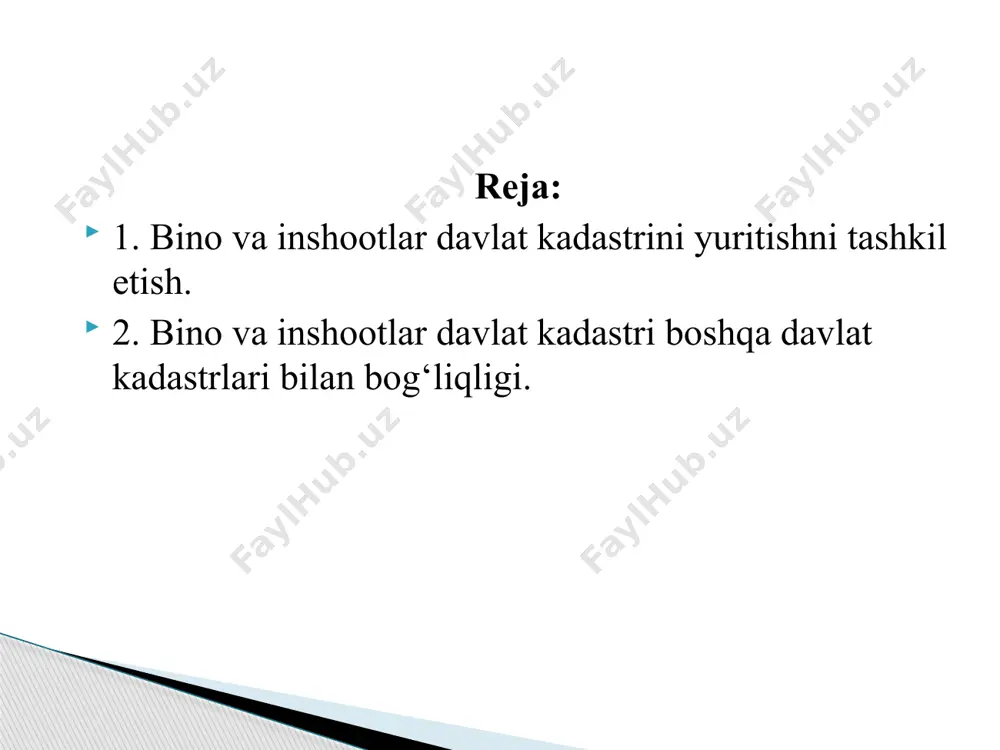 rkibi quyidagilardan iborat bo‘ladi: 🔹davlat kadastrlari palatasi hududiy boshqarmasi boshligʼi, komissiya raisi 🔹davlat kadastrlari palatasi hududiy boshqarmasi boshligʼi o‘rinbosari, komissiya raisi o‘rinbosari 🔹qurilish va uy-joy kommunal xo‘jaligi vazirligi hududiy boshqarmasining masʼul xodimi 🔹adliya vazirligi hududiy boshqarmasining masʼul xodimi 🔹soliq qo‘mitasi hududiy boshqarmasining masʼul xodimi 🔹advokatlar palatasi hududiy boshqarmasining masʼul xodimi 🔹davlat kadastrlar palatasi hududiy boshqarmasining masʼul xodimi, komissiya kotibi davlat ro‘yxatidan o‘tkazuvchi organda ushbu bino yoki inshootning mansubligi masalasida nizolar borligi haqida guvohlik beruvchi hujjatlarning mavjudligi; joydagi tekshirishlar jarayonida yer uchastkasini o‘zboshimchalik bilan egallab olish hamda bino va inshootlar qurish, shuningdek bino va inshootlarni qonun hujjatlari talablarini buzgan holda rekonstruksiya qilish hollarining aniqlanishi; taqdim etilgan hujjatlarda noto‘g‘ri yoki buzilgan ma’lumotlar topilishi. binolar va inshootlarga bo‘lgan huquqlarni davlat ro‘yxatidan o‘tkazishni rad etish uchun asoslar quyidagilardan iborat: agar taqdim etilgan materiallarda ahamiyatsiz kamchiliklar va ularni bartaraf etish imkoniyati bor bo‘lsa, ro‘yxatdan o‘tkazuvchi ikki kun mobaynida ro‘yxatdan o‘tkazishni to‘xtatib turish to‘g‘risida qaror qabul …