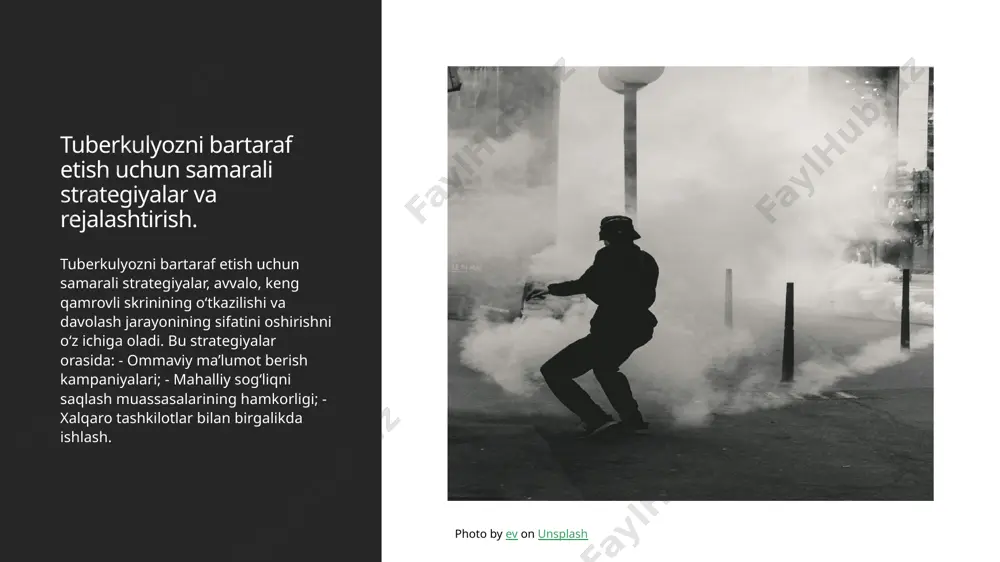 likning tarqalishini oldini olishda va aholini xabardor qilishda ishtirok etadi. 2 mahalliy loyihalar oʻzbekistonda tuberkulyozga qarshi mahalliy loyihalar, masalan, screening tadbirlari va profilaktika seminarlarini o'z ichiga oladi, aholining sog'lig'ini yaxshilashga qaratilgan. 3 ta'lim va xabardorlik ta'lim va xabardorlik kampaniyalari tuberkulyoz haqida ma'lumot berish va davolanishning muhimligini tushuntirishga yordam beradi, bu esa kasallikni bartaraf etishda samarali natijalar beradi. xulosa tuberkulyozga qarshi kurashning ahamiyati ijtimoiy va iqtisodiy omillar xalqaro hamkorlikning roli oʻzbekistonda tuberkulyozga qarshi kurash davlat siyosatining muhim qismi sifatida, sogʻliqni saqlash tizimini mustahkamlashga qaratilgan. tuberkulyozga qarshi kurashda ijtimoiy va iqtisodiy omillar muhim rol o'ynaydi, chunki bu omillar sogʻliqni saqlash tizimiga ta'sir ko'rsatadi. oʻzbekiston xalqaro tashkilotlar bilan hamkorlikda tuberkulyozni bartaraf etish uchun strategik chora-tadbirlarni amalga oshirmoqda, bu esa muvaffaqiyatni ta'minlaydi. e'tiboringiz uchun rahmat! image1.jpg image2.jpg /docprops/thumbnail.jpeg