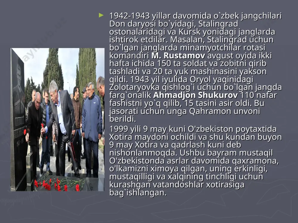 asoratida bo’lgan bircha respublikalar, shu jumladan, o’zbekiston xalklari uchun og`ir sinovlar vakti va ularning nemis fashist bosqinchilari: qarshi fidokorona kurashi boshlandi.