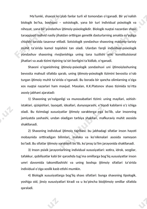 q xususiyatlar inson umri davomida takomillashishi va uning boshqa ijtimoiy sifatlari ta’sirida individual o‘ziga xoslik kasb etishi mumkin. 4) biologik xususiyatlarga bog‘liq shaxs sifatlari: bunga shaxsning tipologik, yoshiga oid, jinsiy xususiyatlari kiradi va u ko‘pincha bioijtimoiy omillar sifatida qaraladi. a.n.suxov va a.a.derkachlarning ta’kidlashlarida shaxsning ijtimoiy-psixologik xususiyatlari haqida gap ketganda, avvalo uning fikrlash tarzi, qadriyatlari tizimi, motivatsion belgilari (yo‘nalganlik, hayotiy maqsadlar, rejalar, hayot tarzi), kognitiv sifatlar (ijtimoiy tasavvurlar, hayot manzaralari to‘g‘risidagi fikrlari), “men”-konsepsiyasi, “men”-obrazi, o‘ziga munosabati, o‘ziga nisbatan bahosi; o‘zini nazorat qilish lokusi, psixologik bilimdonligi, rolli maqomlari, ijtimoiy his-tuyog‘ulari va boshqalar nazarda tutiladi. sotsial psixologiya uchun har bir shaxsning qay tarzda o‘z hayot yo‘lini belgilashi va jamiyatda shaxslararo munosabatlardagi maqomi – statusi muhimdir. bu borada uni o‘rab turgan katta – makro ijtimoiy borliq hamda mikro – kichik ijtimoiy borliqning ta’sirlarini o‘rganish katta ahamiyatga ega. shaxsga ta’sir etuvchi makro muhit – bu inson umri o‘tadigan va hayoti mobaynida unga ta’sir etadigan tabiiy, …