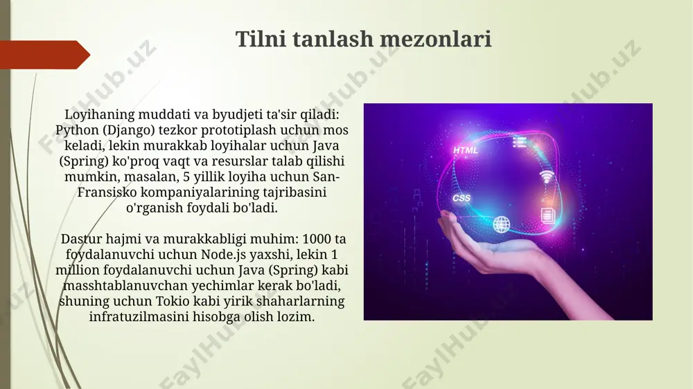 asturchilar tomonidan afzal ko'riladi. node.js ga kirish google tomonidan ishlab chiqilgan v8 javascript dvigatelini ishlatadigan node.js, 2009-yilda paydo boʻlib, hozirgi kunda 100 mingdan ortiq loyihalarda qoʻllanilmoqda va yuqori darajadagi mahsuldorlikni taʼminlaydi. node.js 8000 dan ortiq npm paketiga ega boʻlib, dunyo boʻylab 1 millionlab dasturchilar tomonidan qoʻllaniladi va real vaqtda maʼlumotlarni qayta ishlashda yuqori samaradorlikni taʼminlaydi. savol-javob python (django) orqali ishlab chiqilgan elektron hukumat tizimlari 2023 yilda toshkent shahrida 30% ga ko'proq foydalanuvchilarni jalb qildi. node.js yordamida yaratilgan 1000 dan ortiq real-time dasturlar o'zbekistondagi serverlarda joylashgan bo'lib, ular kuniga 5 million so'rovni qaytaradi. php ning afzalliklari va kamchiliklari php, mysql bilan ajoyib integratsiyasi tufayli, saytlarni rivojlantirishda yuqori tezlikni ta'minlaydi, shu sababli dunyoning 80 million dan ortiq veb-saytlari php asosida yaratilgan. phpning keng qo'llanilishi va ulkan jamoatchiligi tufayli, 20 yildan ortiq vaqt davomida to'plangan katta miqdordagi hujjatlar va resurslar mavjud bo'lib, bu yangi dasturchilarga o'rganishni osonlashtiradi va muammolarni hal qilishni tezlashtiradi. node.js, …