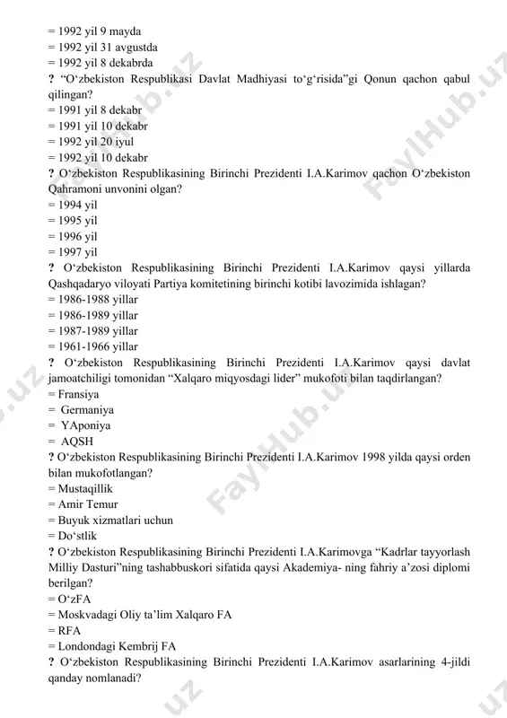 , mafkura = bizdan ozod va obod vatan qolsin ? o‘zbekiston respublikasi birinchi prezidenti i.a karimovning “biz tanlagan yo‘l demokratik taraqqiyot va ma’rifiy dunyo bilan hamkorlik yo‘li” nomli asari qachon nashr qilindi? = 2000 yilda = 2002 yilda = 2003 yilda = 2005 yilda ? o‘zbekiston respublikasi birinchi prezidenti i.a.karimovning “mamlakatni modernizasiya qilish va iqtisodiyotimizni barqaror rivojlantirish yo‘lida” asari qachon nashr qilindi? = 2008 yilda = 2009 yilda = 2010 yilda = 2011 yilda ? o‘zbekiston respublikasi birinchi prezidenti i.a.karimovning “qishloq xo‘jaligi taraqqiyoti – to‘kin hayot manbai” asari qachon nashr etilgan? = 1998 yilda = 1997 yilda = 1999 yilda = 2000 yilda ? o‘zbekiston respublikasi birinchi prezidenti i.a.karimovning “o‘zbekiston bozor munosabatlariga o‘tishning o‘ziga xos yo‘li” kitobi qachon nashr etilgan? = 1992 yilda = 1993 yilda = 1994 yilda = 1995 yilda ? o‘zbekiston respublikasi birinchi prezidenti i.a.karimovning “vatan sajdagoh kabi muqaddasdir” asari qachon nashr etilgan? = 1996 yil = …