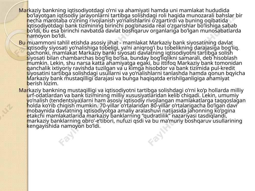 moliyalashtirishini tartibga soluvchi qoidaning mavjudligi va uning shakllari. markaziy bankning kapitalida va foydasini taqsimlashda davlatning ishtiroki omili markaziy bank iqtisodiy mustaqilligining qanchalik darajadaligini ko’rsatadi. lekin bu qaramlik ikkilamchi rol oynaydi, chunki markaziy bankning kapitali tqg’ridan-tqg’ri davlatga tegishli bo’lmasa ham, qonunchilikda ma’lum sharh (izoh) mavjud bo’ladi. agar mavjud bo’lmasa, davlat egri usullardan foydalanadi. misol qilib, avstriya milliy banki haqidagi qonunni olaylik. bu bank xuddi hissador jamiyati shaklida tuzilgan va faoliyat ko’rsatmoqda (markaziy bankning 50 foiz kapitali federatsiyaga, qolgan 50 foizi kapitali avstriyalik huquqiy va jismoniy shaxslarga tegishli). markaziy bank kapitaliga faqat moliya vazirligidan ruxsat olgan huquqiy va jismoniy shaxslargina ulush qqsha olish huquqiga egadirlar. pay (ulush) meros (vorislik) orqali qtishi yoki moliya vazirligi ruxsati bilan sotilishi mumkin. shu orqali davlat bilvosita nazoratni amalga oshirishi mumkin. bundan tashqari, markaziy bankning funktsiya va vazifalari qonunda ko’rsatilgan. shu sababli ulush egalari yig’ilishi chegaralangan masalalarnigina echa oladi. albatta, bu masalalar bankning iqtisodiy siyosati bilan to’g’ridan-to’g’ri …