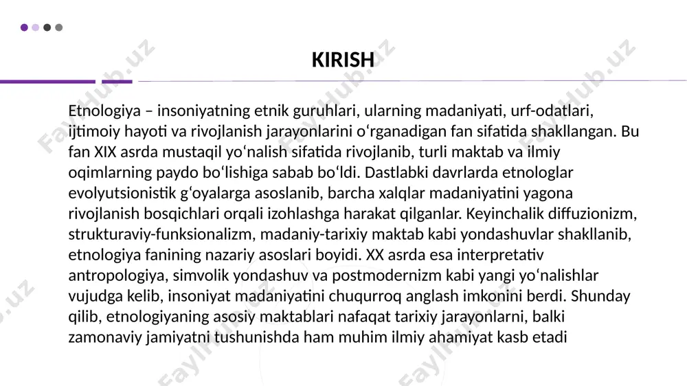 iyatlarning o‘zaro ta’siri va tarqalishiga e’tibor qaratdilar. f. ratzel, f. graebner va boshqa olimlar fikricha, madaniyat elementlari alohida jamiyatlarda o‘z-o‘zidan vujudga kelmaydi, balki bir hududdan boshqasiga tarqaladi. diffuzionizm madaniy almashinuv jarayonini chuqurroq tushunishga yordam berdi. shu bilan birga, bu yondashuv madaniy xilma-xillikni umumiy insoniyat taraqqiyoti natijasi emas, balki geografik va madaniy aloqalarning mahsuli sifatida izohladi. evolyutsionizm va diffuzionizm etnologiyaning dastlabki ikki muhim maktabi sifatida fanning keyingi rivojiga asos bo‘lib xizmat qildi. 4 xx asrdagi asosiy etnologik maktablar xx asrda etnologiyada yangi maktablardan biri – strukturaviy-funksionalizm shakllandi. bu maktab ingliz olimlari b. malinovskiy va a. radklif-braun faoliyati bilan bog‘liq. ularning qarashiga ko‘ra, har bir jamiyatning madaniy unsurlari o‘zaro bog‘liq bo‘lib, jamiyat hayotida muayyan funksiyani bajaradi. masalan, diniy marosimlar nafaqat diniy ma’noga, balki ijtimoiy birdamlikni ta’minlashga ham xizmat qiladi. malinovskiy o‘z tadqiqotlarida etnografik kuzatuv usullariga alohida ahamiyat bergan, mahalliy xalqlar hayotini bevosita o‘rganish orqali ularning madaniyatini tushunishga intilgan. strukturaviy-funksionalizm jamiyatni bir butun …