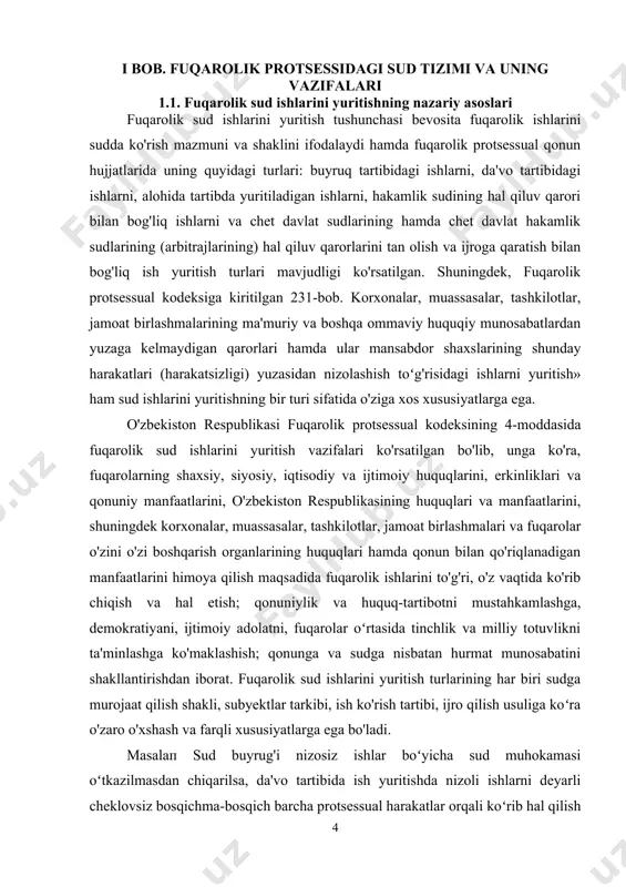bosqichma-bosqich barcha protsessual harakatlar orqali koʻrib hal qilish amalga oshiriladi. alohida tartibda yuritiladigan ishlarda esa arizachi va manfaatdor shaxsning manfaatlari, talabni (jaktni) faqat sudda belgilash imkoniyati mavjudligi va belgilanayotgan faktlarning ma'lum maqsad va oqibatlari mavjudligi bilan izohlanadi. hakamlik sudining hal qiluv qarorlari bilan bog'liq ish yuritishda ushbu turdagi qarorlarni fuqarolik sudida ko'rib chiqilishi va ijroga qaratilishiga oid vakolatning shu sudga (fuqarolik, iqtisodiy ishlar boʻyicha sudlarga) berilganligi o'ziga xos ahamiyat kasb etadi. chet davlat sudlarining hamda chet davlat hakamlik sudlarining (arbitrajlarining) hal qiluv qarorlarini tan olish va ijroga qaratish bilan bog'liq ish yuritishda subyektlar va sud qarorlarining o'ziga xosligi muhim ahamiyat kasb etadi. da'vo tartibida ish yuritishning xususiyatlari: ishlar (talablar) ning nizoli ekanligi; sudga tegishli nizolar toifasida cheklovlar yo'qligi; sudga murojaat qiluvchi taraflar, uchinchi shaxslarning mavjudligi; boshqa shaxslarning huquq va manıfaatlarini himoya qilish maqsadida sudga prokuror, davlat boshqaruvi organlari vakillarining protsessual da'vogar sifatida murojaat qilishi; sudga da'vo arizasi asosida murojaat qilinishi; …