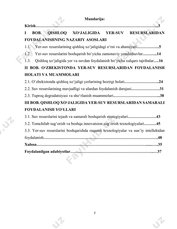 uv resurslarining 90% dan ortig‘i sarflanayotgani, ayni vaqtda ushbu resurslarning katta qismi eskirgan va samarasiz sug‘orish tizimlari orqali yo‘qotilayotgani mavjud vaziyatni jiddiy tahlil qilish zarurligini ko‘rsatmoqda. shu bilan birga, yerning unumdorligini saqlab qolish, sho‘rlanish va eroziya kabi ekologik muammolarning oldini olish ham zamonaviy agrotexnik yondashuvlarni talab etmoqda. shuning uchun ushbu mavzu nafaqat ilmiy, balki amaliy jihatdan ham yuqori darajada dolzarbdir. tadqiqot maqsadi va vazifalari tadqiqotning asosiy maqsadi – qishloq xo‘jaligida yer-suv resurslaridan foydalanish samaradorligini oshirish yo‘llarini aniqlash, mavjud muammolarni tahlil qilish va ularni hal etish bo‘yicha takliflar ishlab chiqishdan iborat. tadqiqot vazifalari: 1. qishloq xo‘jaligida yer-suv resurslarining holatini tahlil qilish; 2. suv resurslaridan foydalanishda mavjud muammolarni aniqlash; 3. yer degradatsiyasi va hosildorlikka ta’sir etuvchi omillarni baholash; 4. zamonaviy texnologiyalar va ekologik toza yondashuvlar asosida samarali boshqaruv yo‘llarini ko‘rsatish; 5. xorijiy tajribani o‘rganish va o‘zbekiston sharoitiga mos takliflar ishlab chiqish. mazkur ishning ilmiy ahamiyati – yer-suv resurslaridan foydalanishdagi zamonaviy nazariy qarashlar …