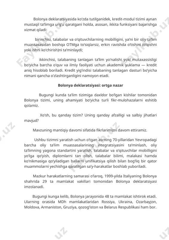 ning kiritilishi talabaga katta erkinlik berish bilan bir qatorda, kelajakda tanlagan sohasining raqobatbardosh mutaxassisi boʻlib yetishishi uchun akademik jarayonni mustaqil rejalashtirish imkonini ham taqdim etdi. ayni chogʻda, baholash tizimi va taʼlim texnologiyalarining takomillashishiga ham olib keldi. bolonya deklaratsiyasida koʻzda tutilganidek, kredit-modul tizimi aynan mustaqil taʼlimga urgʻu qaratgani holda, asosan, ikkita funksiyani bajarishga xizmat qiladi: birinchisi, talabalar va oʻqituvchilarning mobilligini, yaʼni bir oliy taʼlim muassasasidan boshqa otmga toʻsiqlarsiz, erkin ravishda oʻtishini (oʻqishni yoki ishni koʻchirish)ni taʼminlaydi; ikkinchisi, talabaning tanlagan taʼlim yoʻnalishi yoki mutaxassisligi boʻyicha barcha oʻquv va ilmiy faoliyati uchun akademik yuklama — kredit aniq hisoblab boriladi. kredit yigʻindisi talabaning tanlagan dasturi boʻyicha nimani qancha oʻzlashtirganligini namoyon etadi. bolonya deklaratsiyasi: ortga nazar bugungi kunda taʼlim tizimiga daxldor boʻlgan kishilar tomonidan bolonya tizimi, uning ahamiyati boʻyicha turli fikr-mulohazalarni eshitib qolamiz. xoʻsh, bu qanday tizim? uning qanday afzalligi va salbiy jihatlari mavjud? mavzuning mantiqiy davomi sifatida fikrlarimizni davom ettiramiz. ushbu tizimni yaratish uchun …
