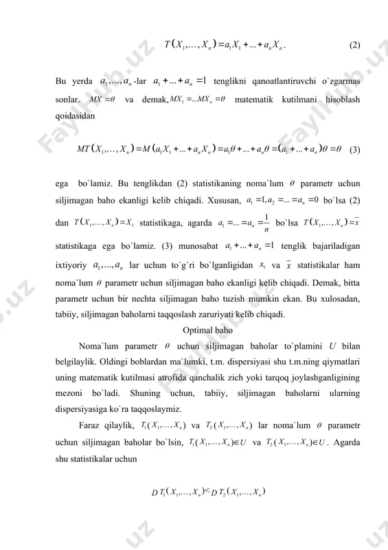tenglamalar sistemasini tuzib olamiz: (2.1) mana shu tenglamalar sistemasini larga nisbatan yechib, yechimlarga ega bo‘lamiz. shunday topilgan , statistikalar momentlar usuli bilan noma’lum , paramertlar uchun tuzilgan statistik baholar bo‘ladi. 2 - misol. matematik kutilmasi va dispersiyasi no‘malum bo‘lgan, zichlik funksiyasi bo‘lgan normal qonunni qaraylik. noma’lum va parametrlarni momentlar usulida baholaylik. bu holda (2.1) tenglamalar quyidagi ko‘rinishda bo‘ladi va natijada momentlar usuli bilan tuzilgan statistik baholar ko‘rinishda bo‘ladi. momentlar usuli bilan topilgan statistik baholar ayrim hollarda siljimagan, asosli va eng aniq baholar bo‘ladi. ii. haqiqatga maksimal o‘xshashlik usuli kuzatilmalari lardan va umumlashgan zichlik funksiyasi dan iborat t.m.ni olaylik. agar diskret t.m. bo‘lsa, ehtimolliklardan, uzluksiz t.m. bo‘lgan holda esa zichlik funksiyadan iborat bo‘ladi. quyidagi funksiyaga haqiqatga maksimal o‘xshashlik funksiyasi deyiladi. faraz qilaylik, funksiya yopiq sohada biror nuqtada eng katta qiymatga erishsin: . haqiqatga maksimal o‘xshashlik funksiyasi eng katta qiymatga erishadigan qiymat noma’lum parametr uchun haqiqatga maksimal o‘xshashlik usuli bilan tuzilgan statistik …